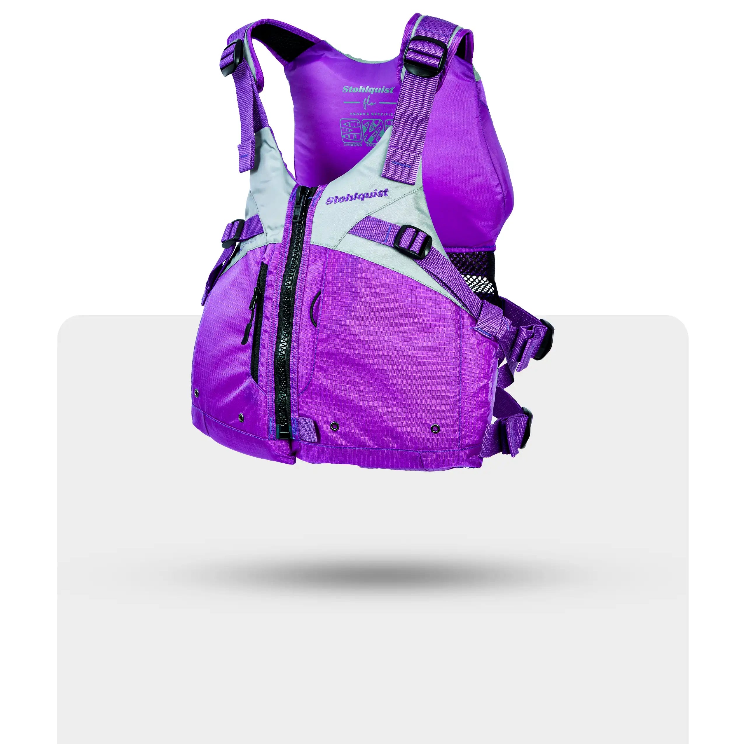 Purple Stohlquist PFD life jacket for kayaking with adjustable straps and front zipper