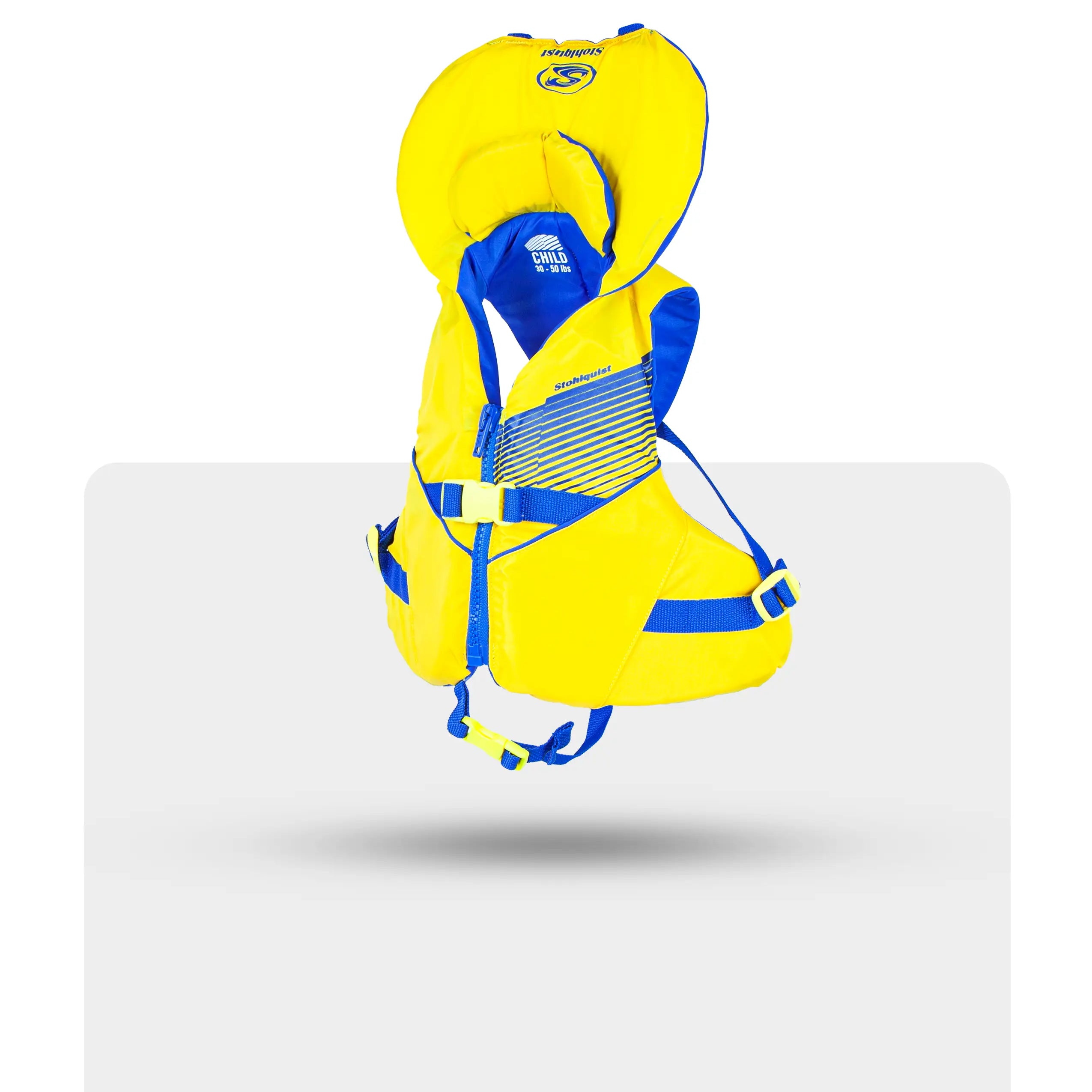 Yellow and blue child life jacket for kayaking and paddling safety