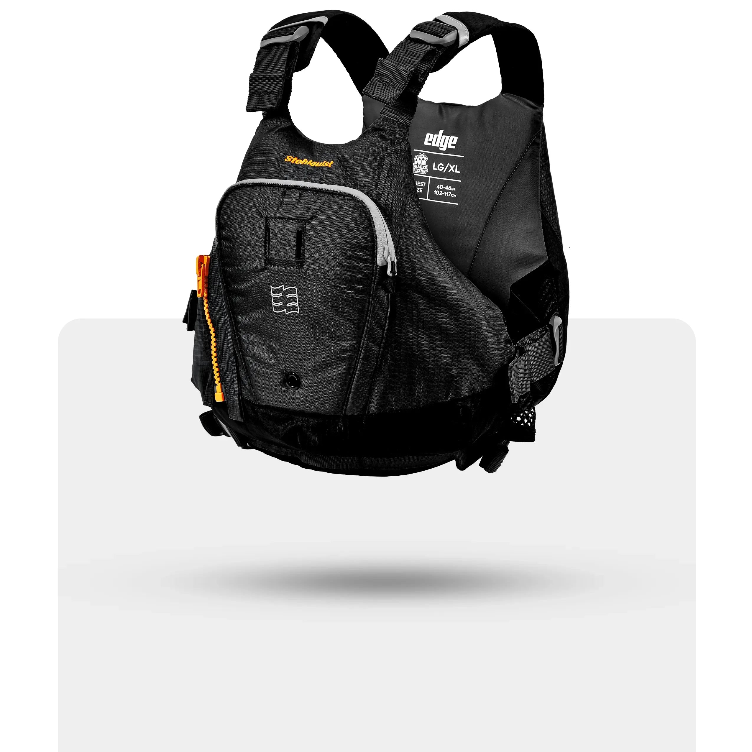 Stohlquist Edge black kayaking life jacket with front zip pocket and adjustable straps