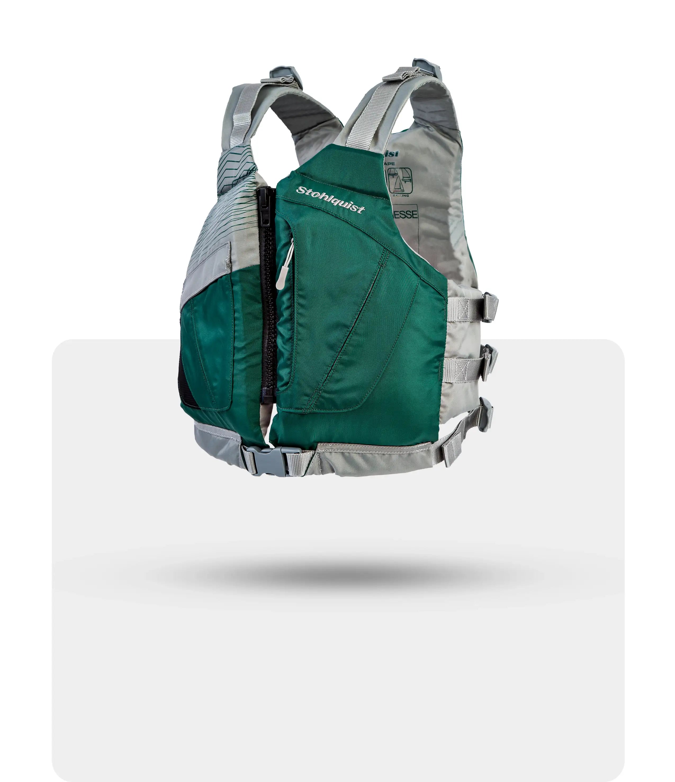 Hunter green youth paddling life jacket with adjustable straps and front zipper, side view