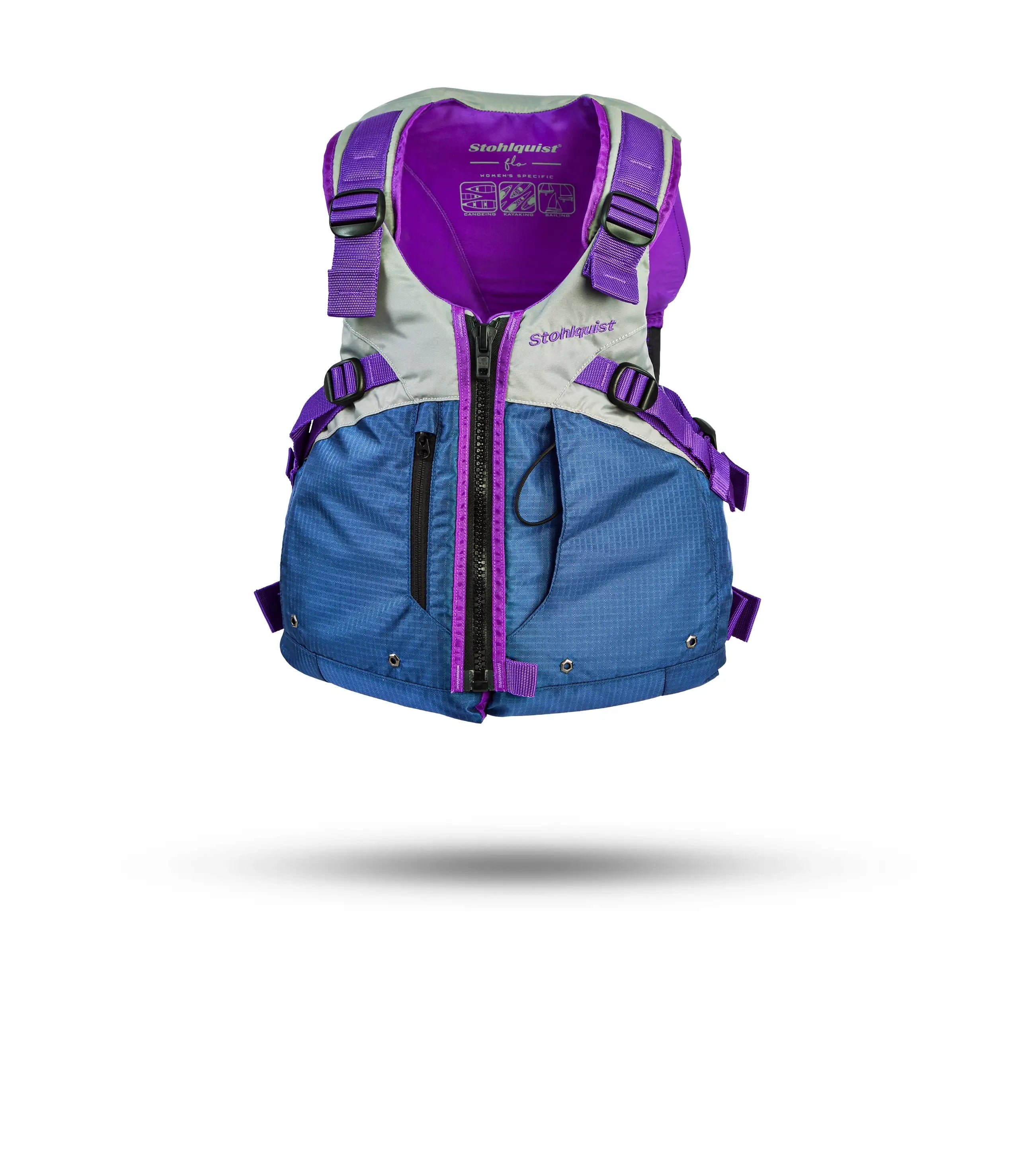 Purple and blue kayaking life jacket with front zipper and adjustable straps