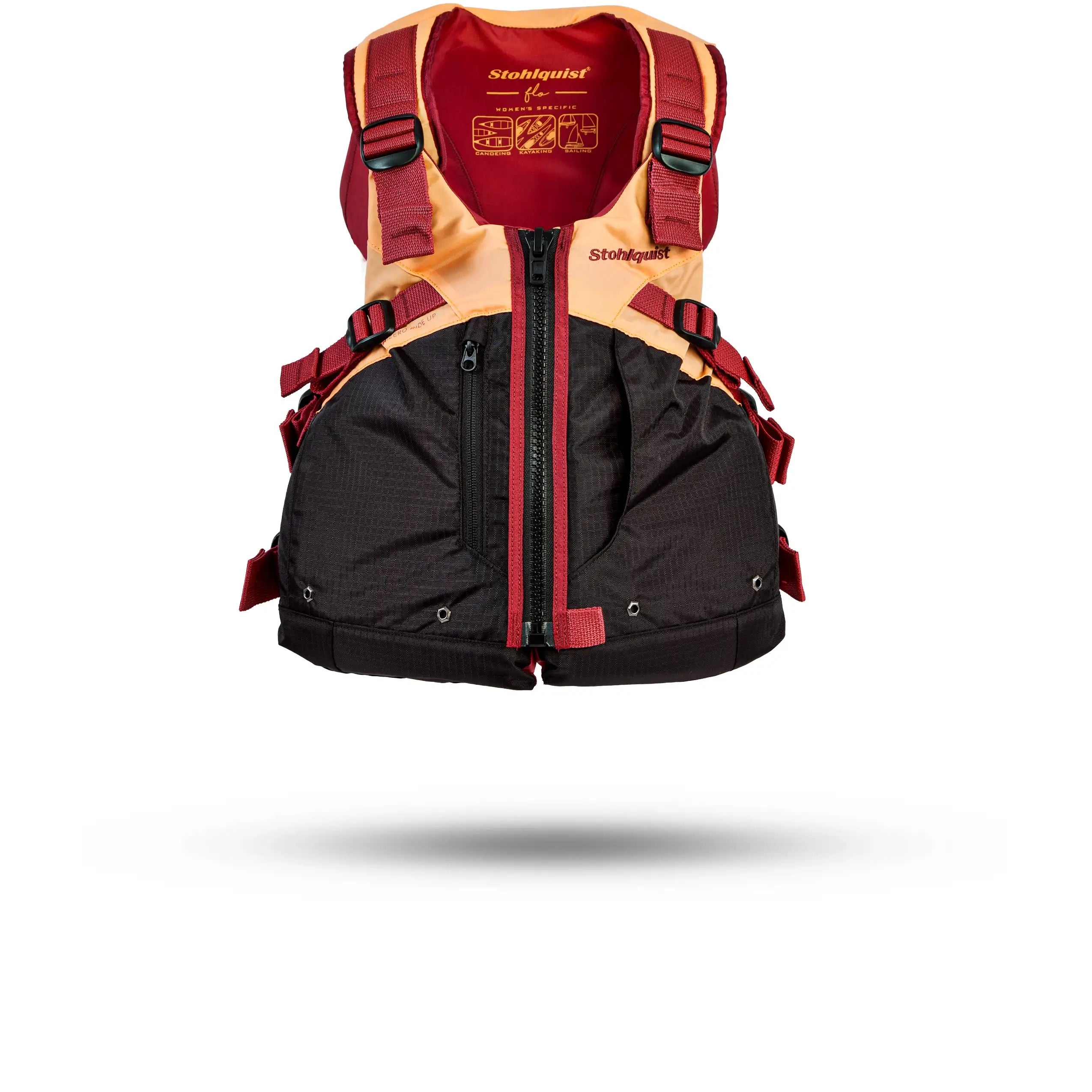 Peach and black kayaking life jacket with front zipper and adjustable straps