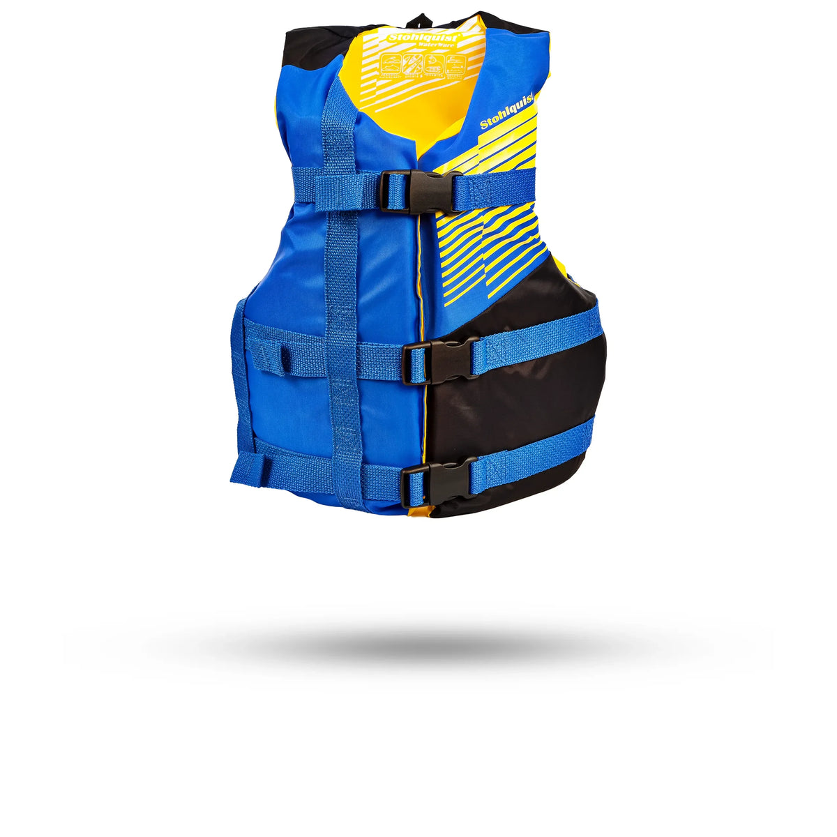 Stohlquist youth blue and black kayak life jacket with front buckles and safety straps