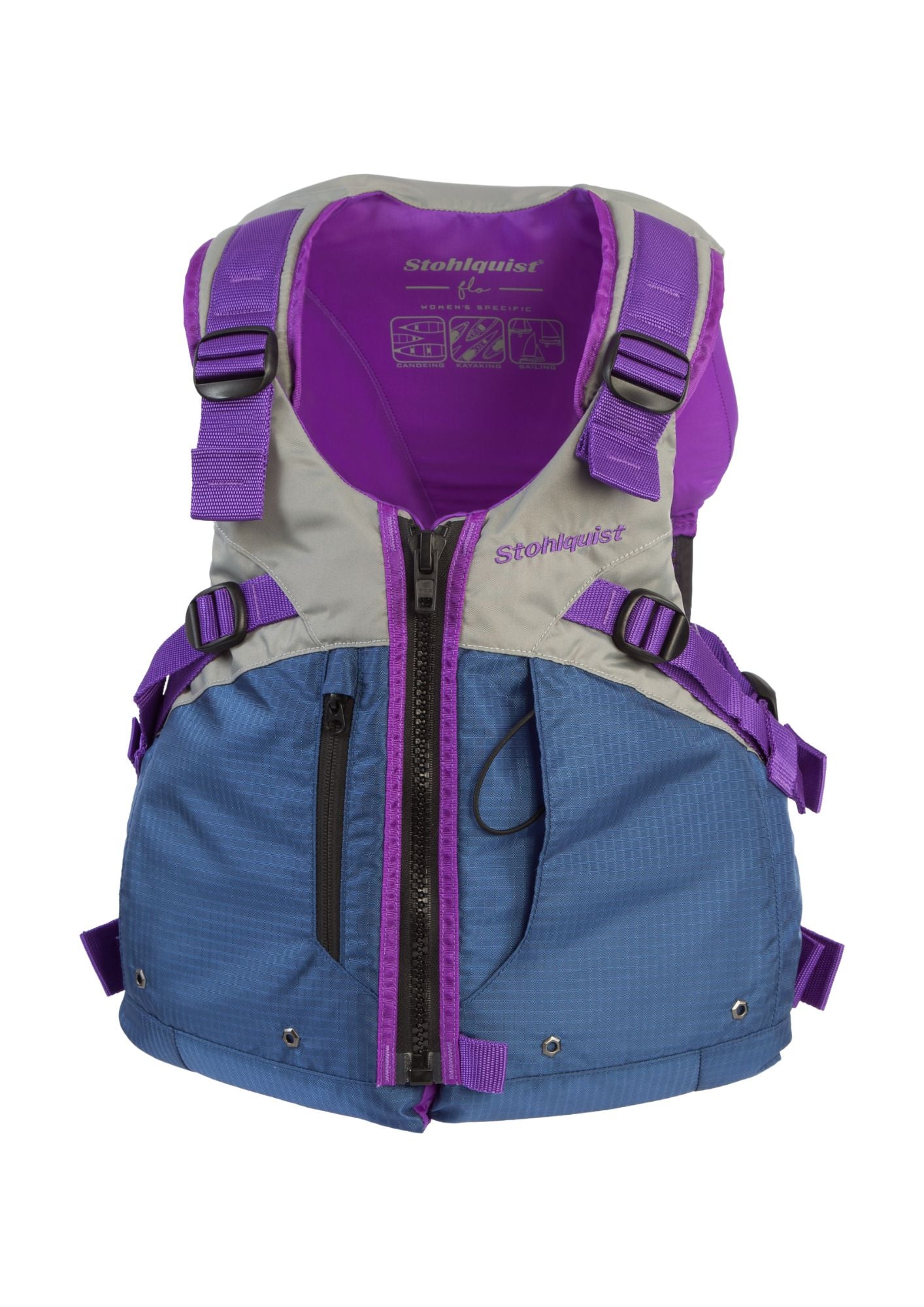 Women's purple and blue kayaking life jacket with front zipper and adjustable straps