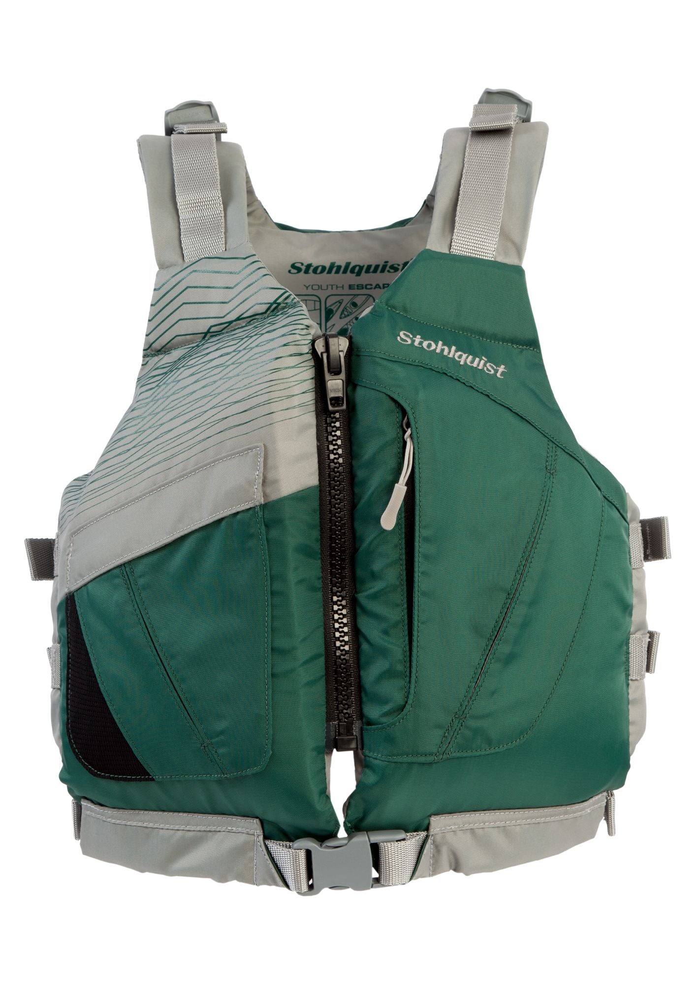 Hunter green kayaking youth life jacket with zip front and adjustable straps