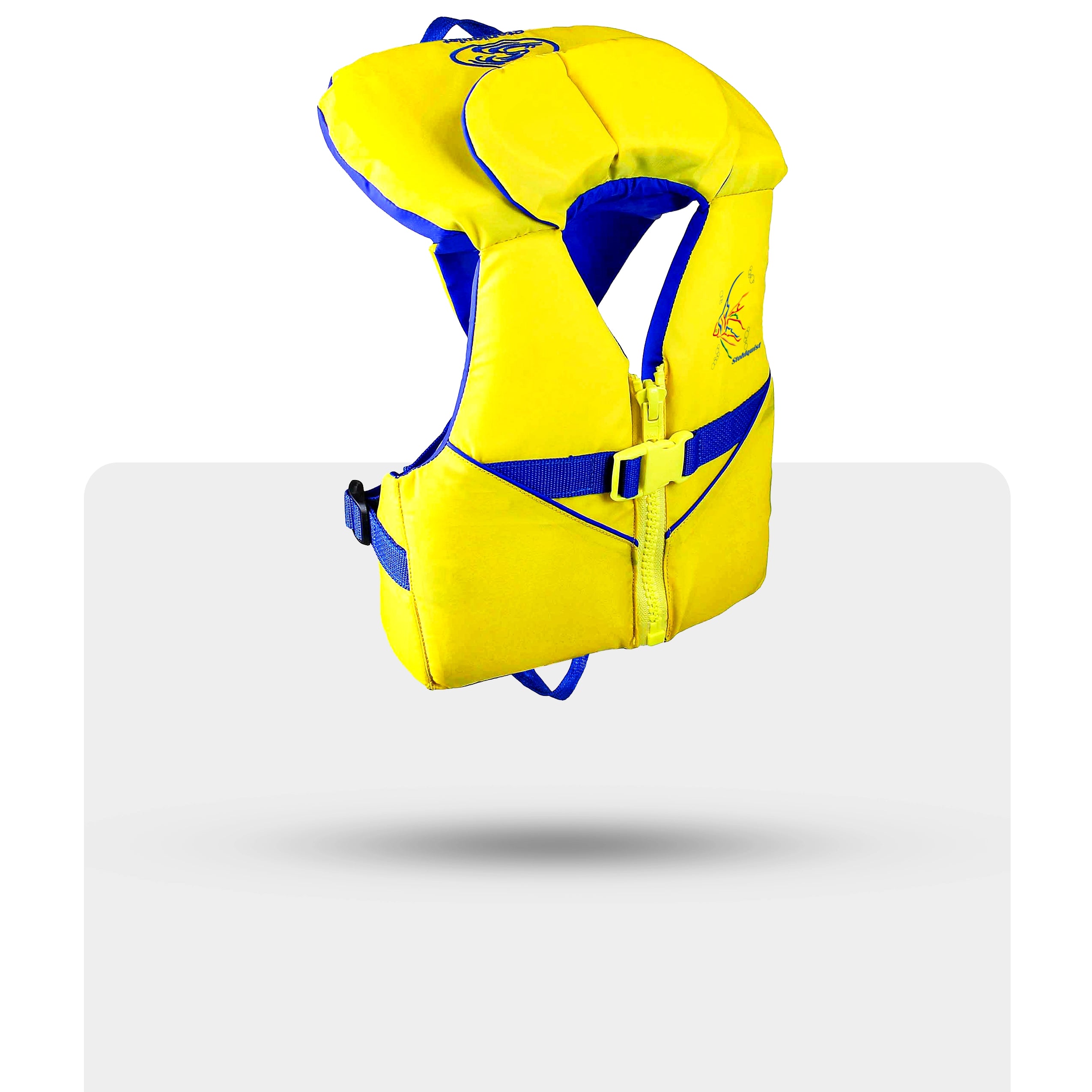 Bright yellow and blue child's PFD life jacket for kayaking and paddling safety