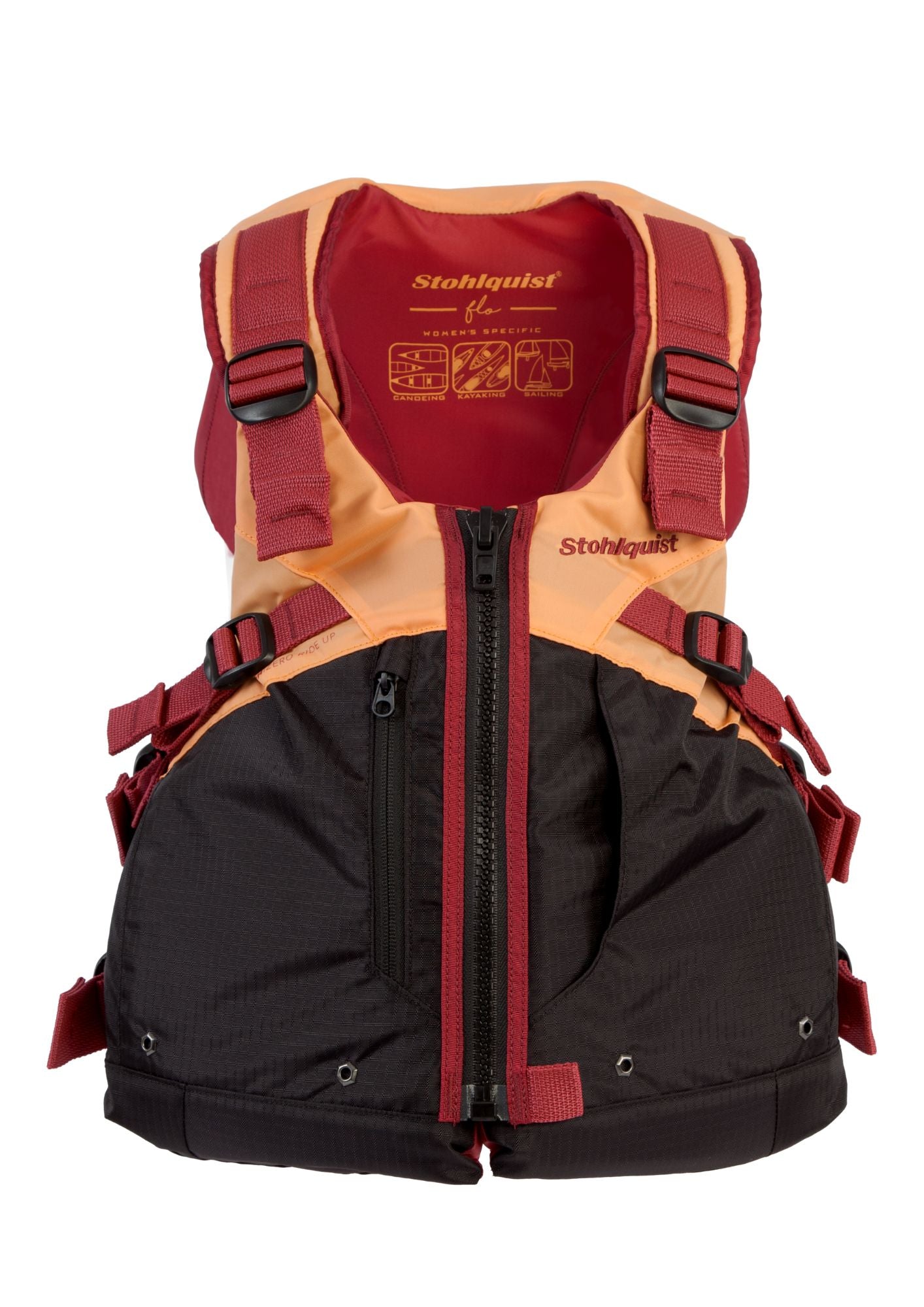 Women's peach and black kayaking life jacket with front zipper and adjustable straps