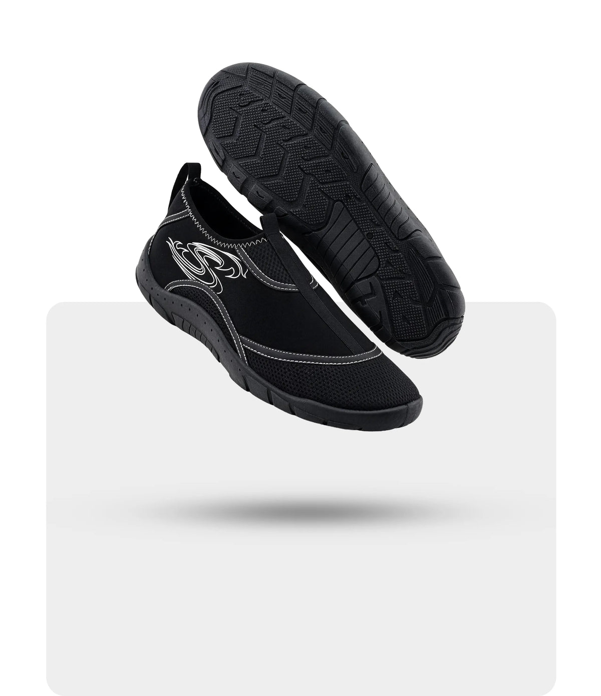 Pair of black Stohlquist Reef Water Shoes showing the top and textured sole.