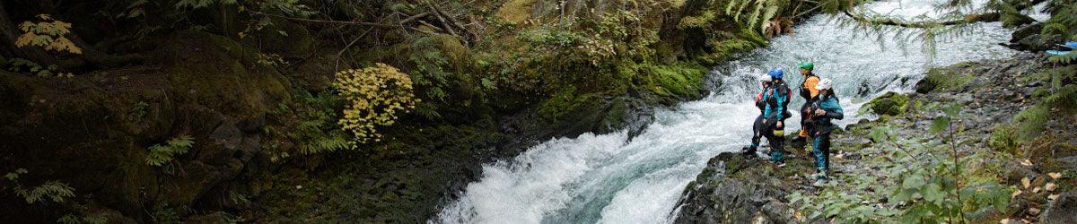Group of kayakers in wetsuits standing by a river in a forest, Stohlquist outdoor gear