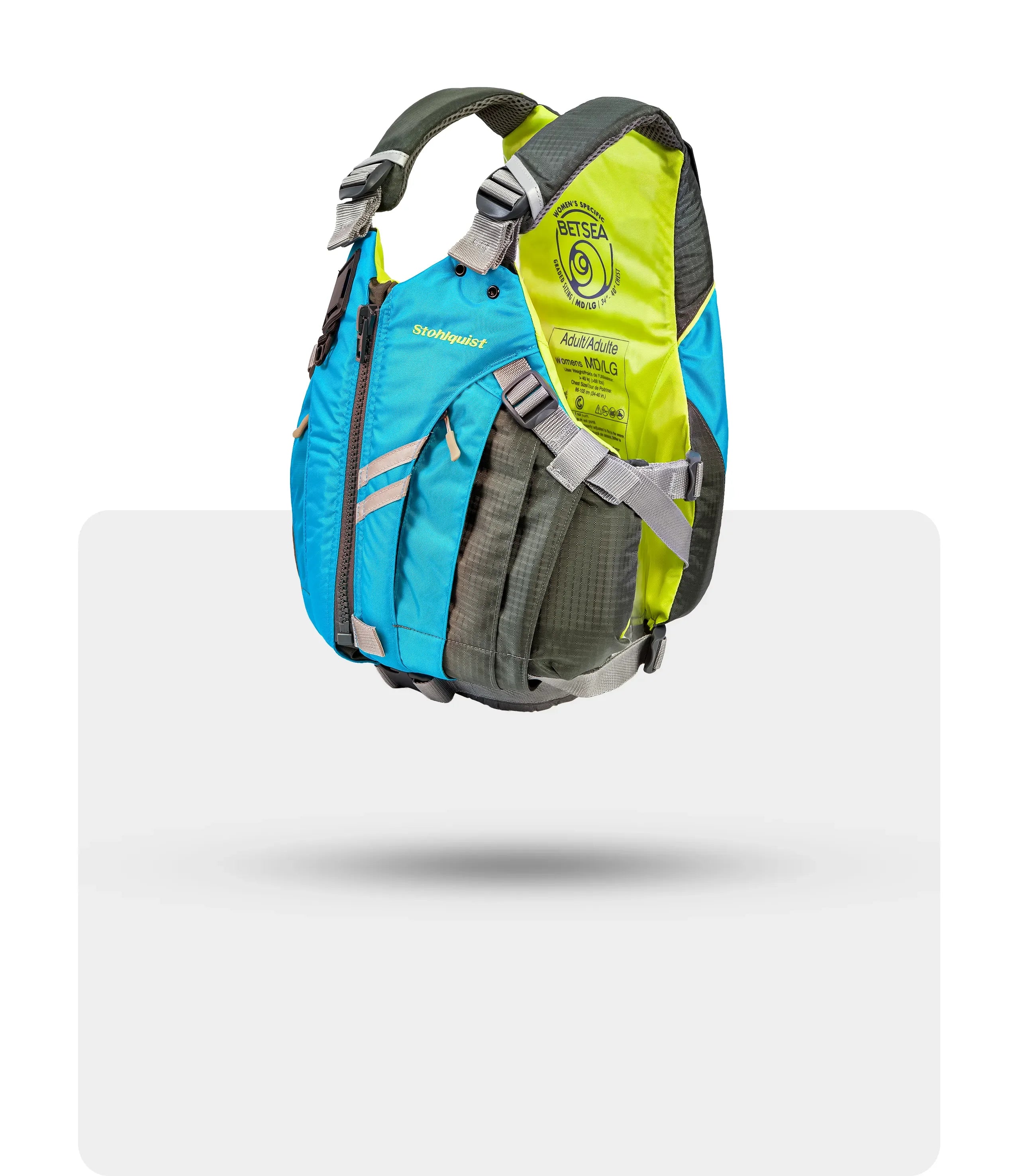 Women’s Betsea cyan blue and yellow life jacket by Stohlquist, size M/D/LG, with adjustable straps