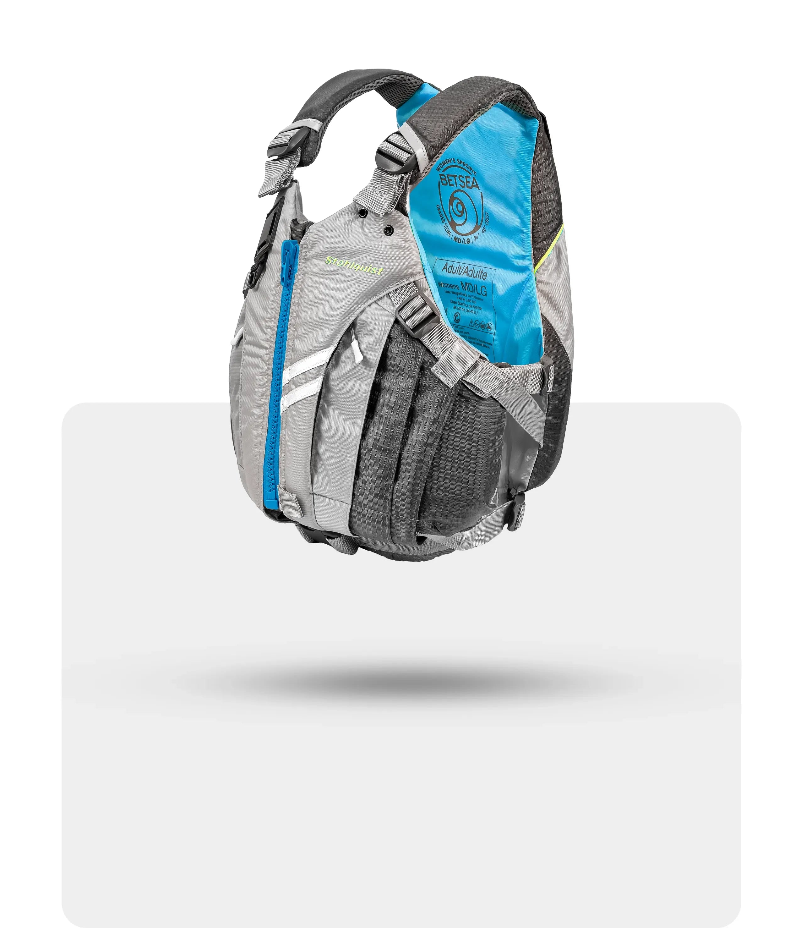 Gray and blue Stohlquist Betsea women's life vest with adjustable straps and front zipper