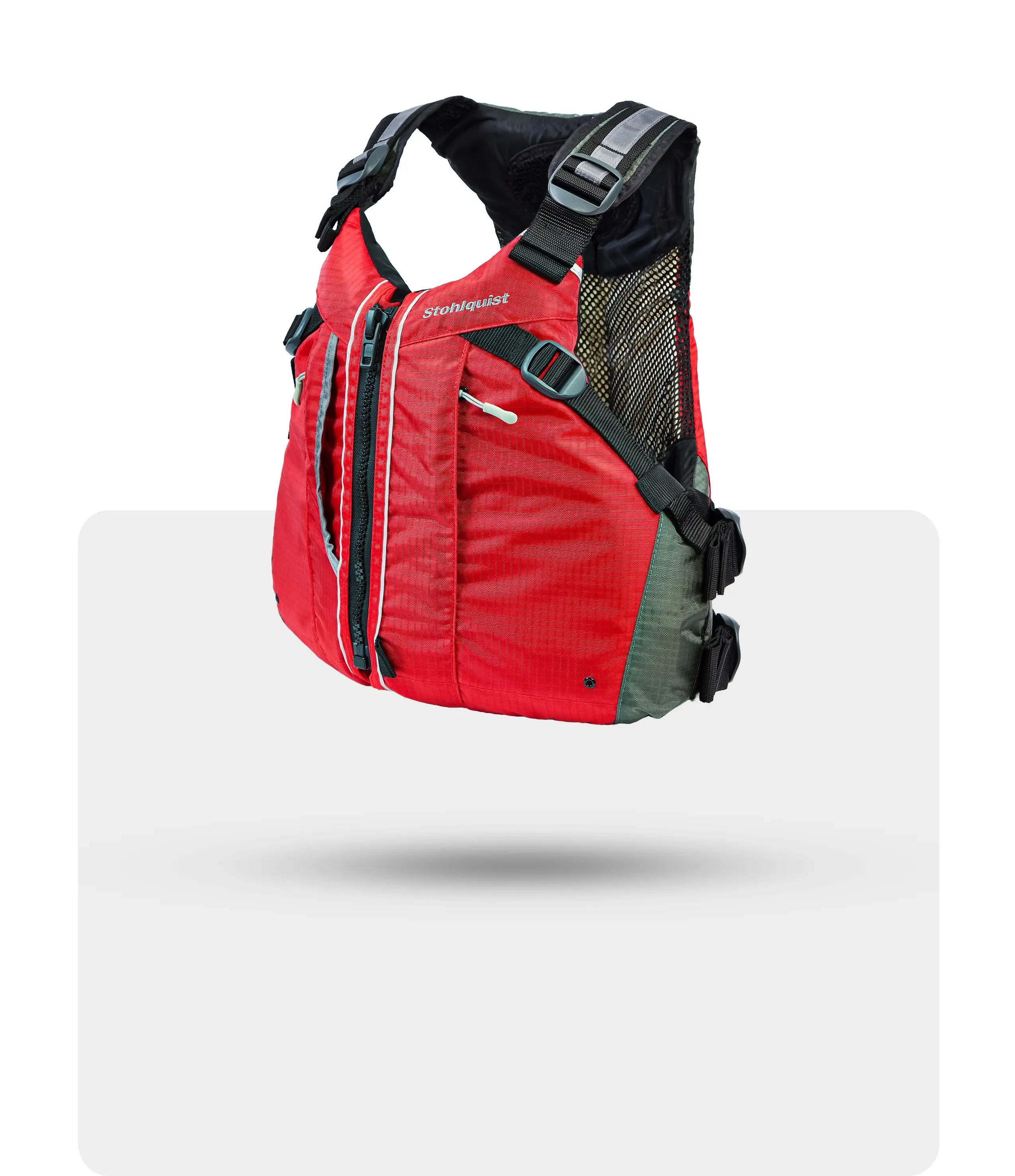 Red Stohlquist life jacket with black straps and mesh side panels, isolated on white background