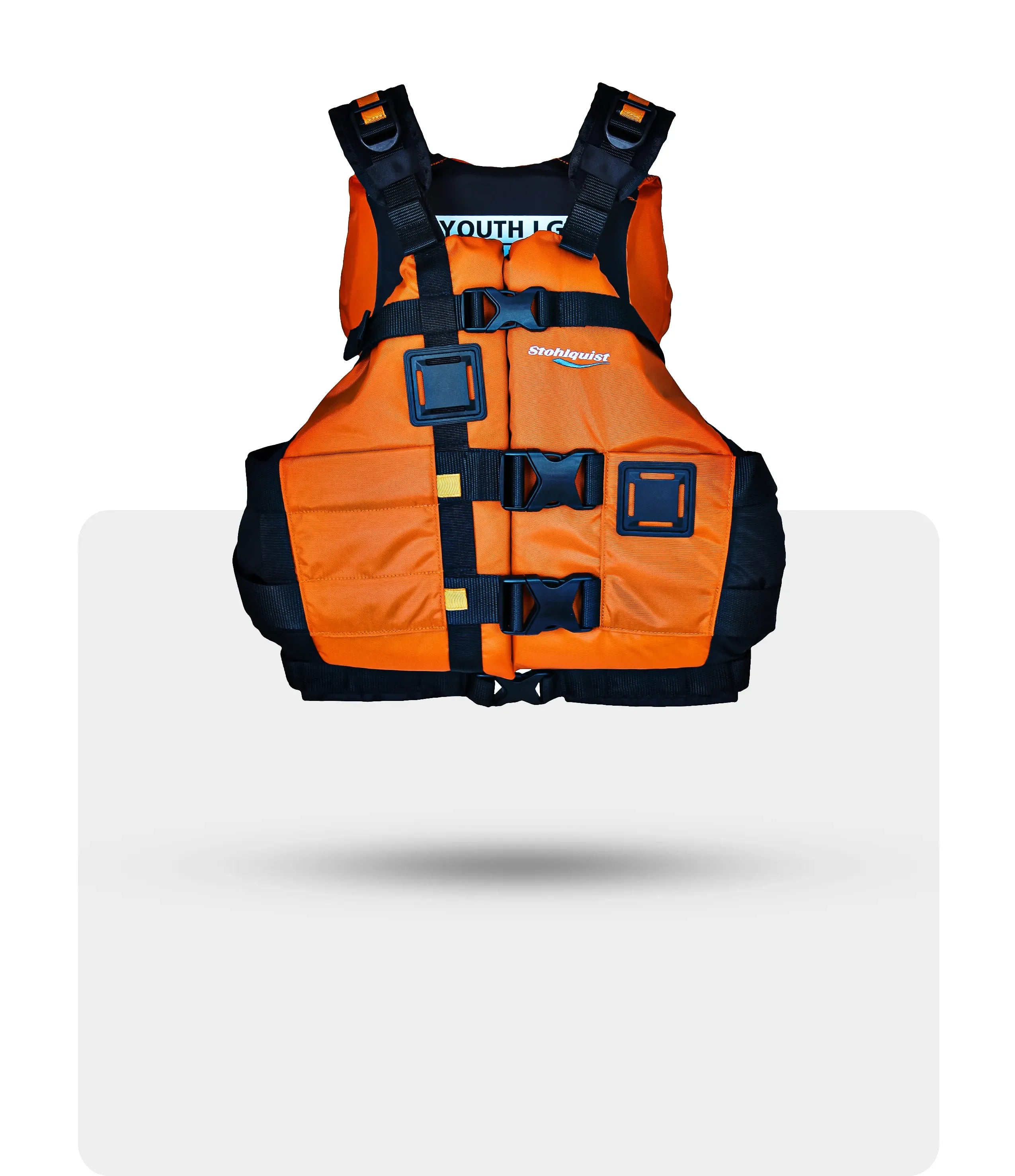 Orange Stohlquist youth life jacket with black straps and buckles isolated on white