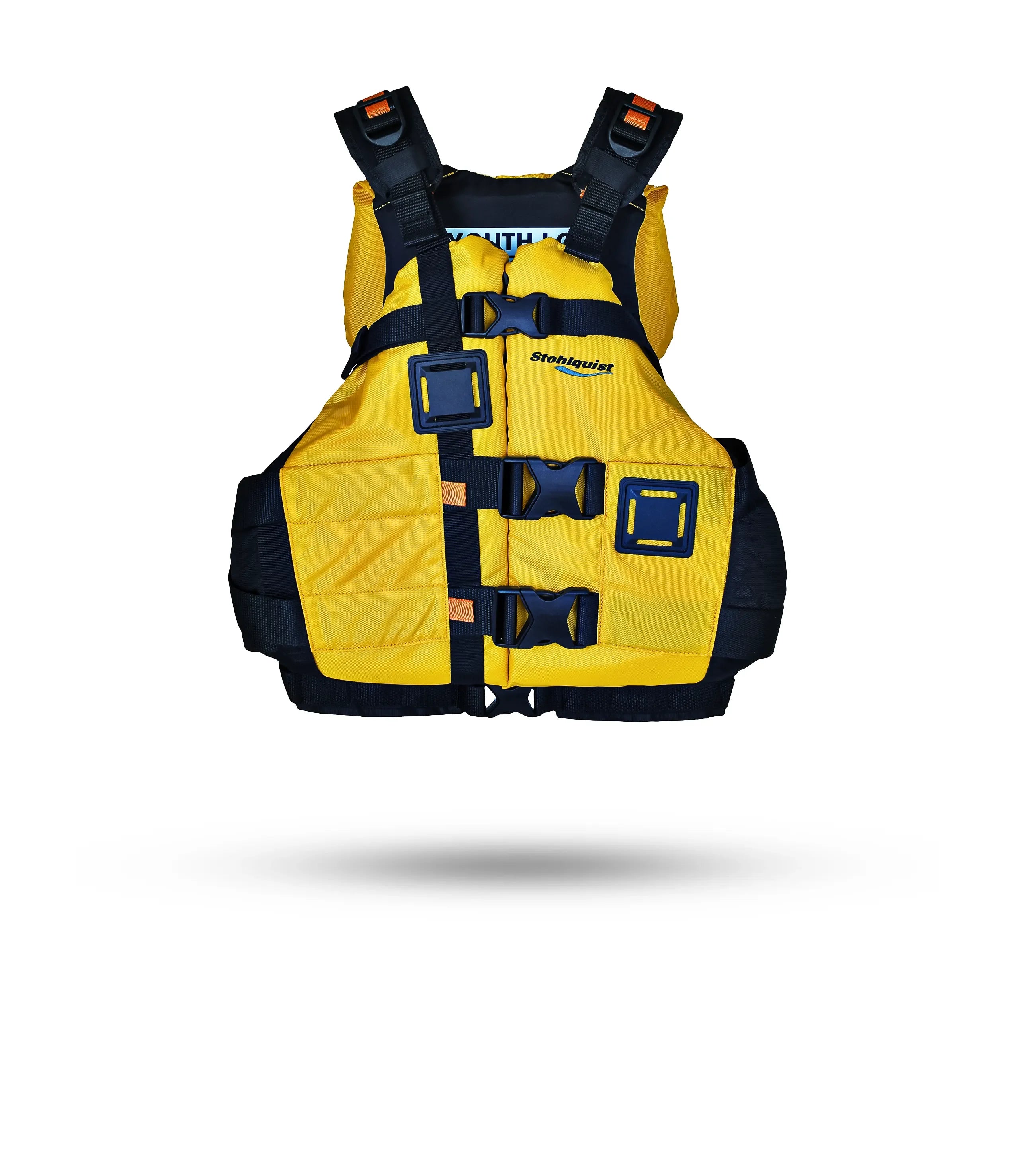 Yellow and black Stohlquist youth life jacket with adjustable straps and buckles