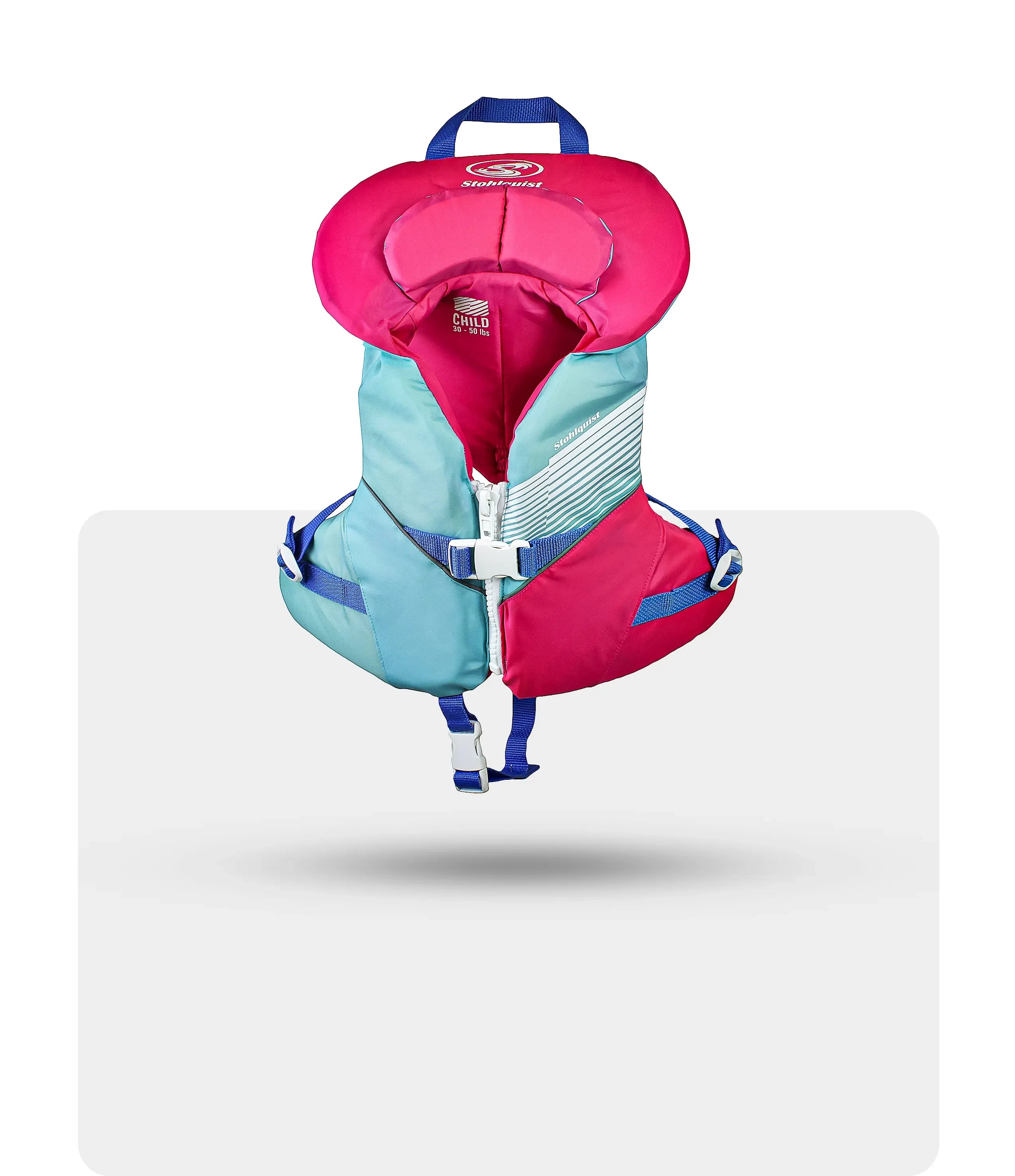 Child-size aqua pink flotation vest with zipper and blue adjustable straps for 30-50 lbs