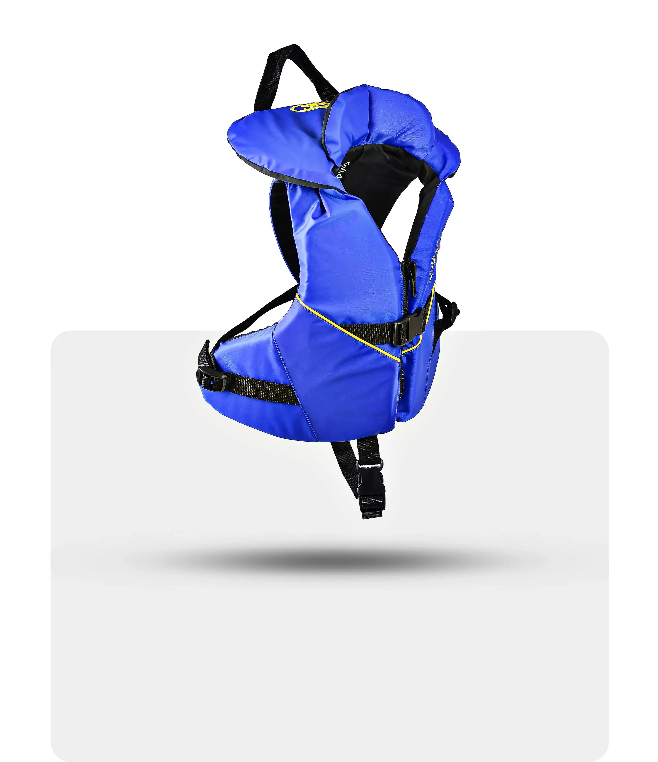 Blue and black child life jacket with adjustable straps isolated on white