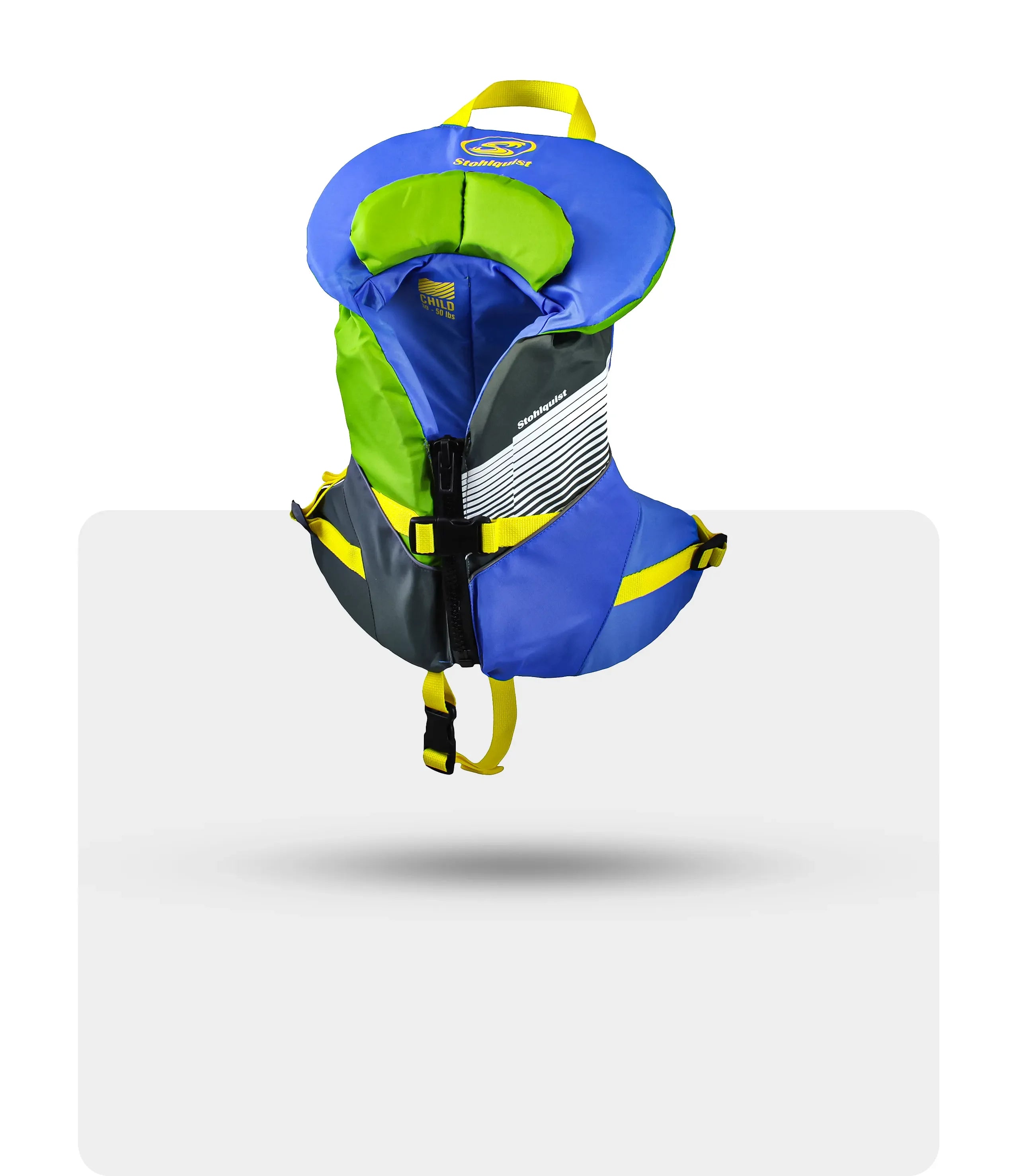 Colorful child life jacket in blue, green, and yellow with safety straps and head support