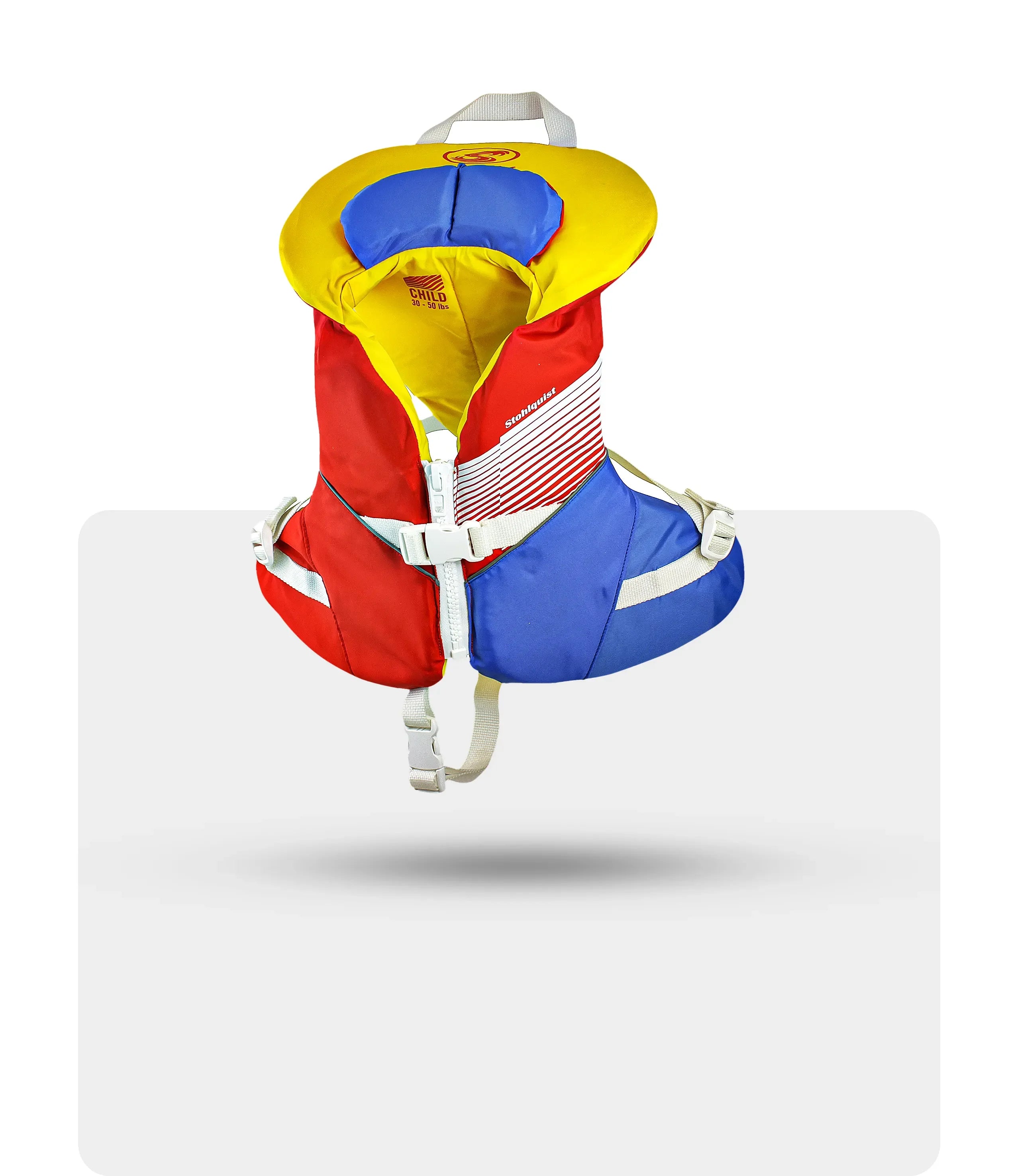 Colorful child life jacket in red, blue, and yellow with safety straps and zipper