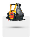 Stohlquist Descent yellow and black kayak life jacket with graphic front pocket on white background