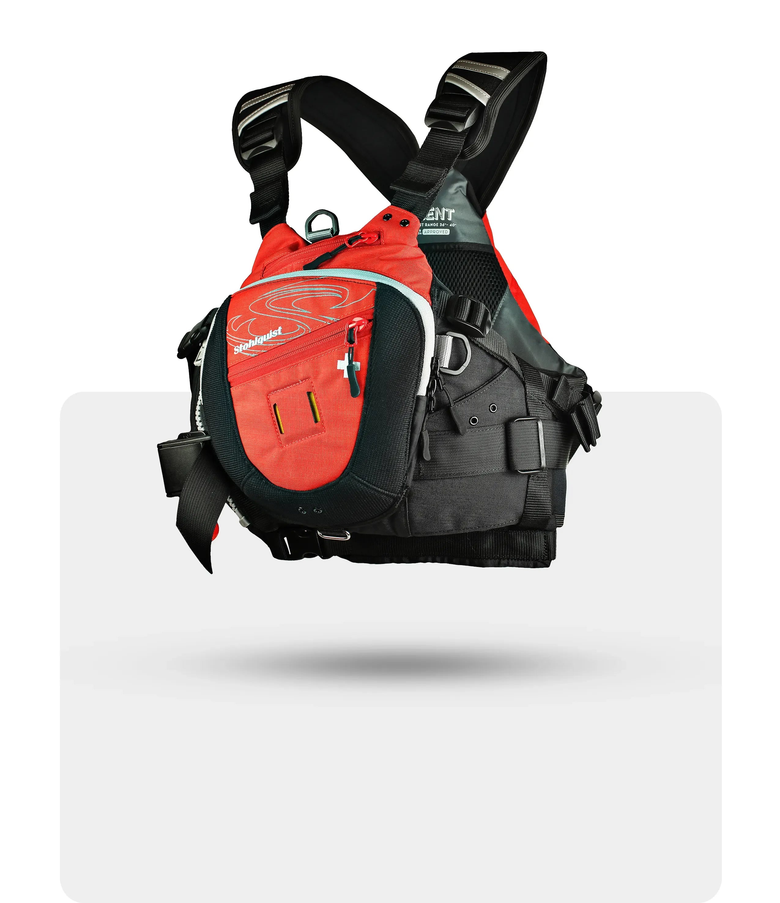 Red and black Stohlquist fishing life jacket with secure straps and multiple pockets