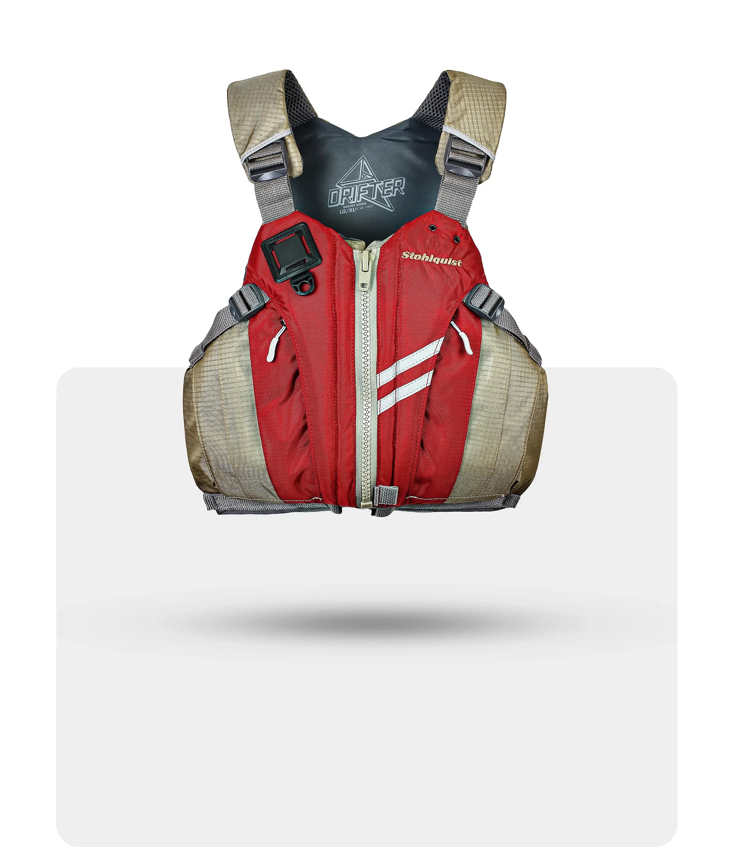 Stohlquist Drifter red and tan life jacket with zipper front and adjustable straps
