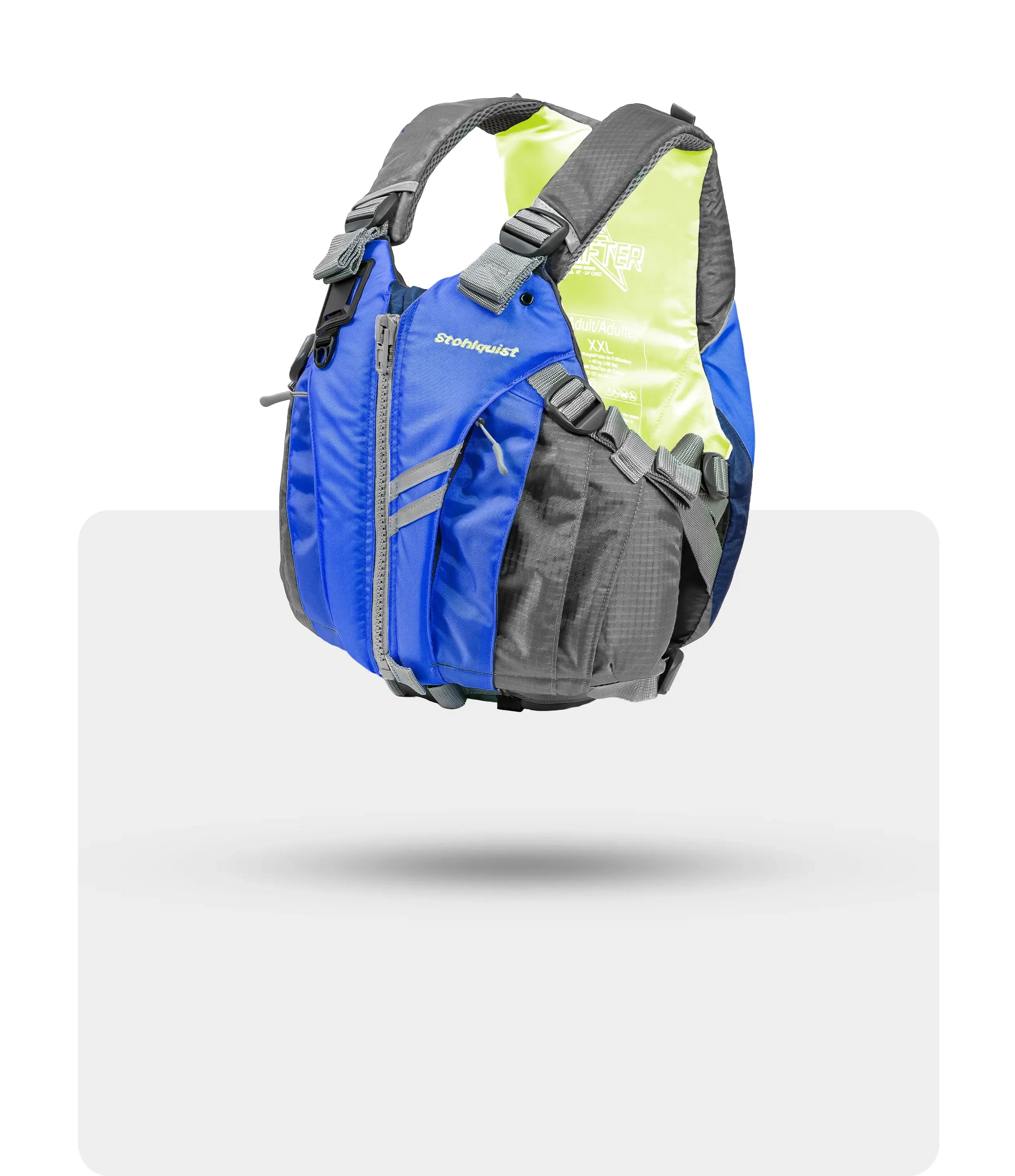 blue and gray adult XXL Stohlquist PFD life jacket with adjustable straps on white background