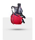 Red kayaking life jacket with black straps and front zipper, side profile view