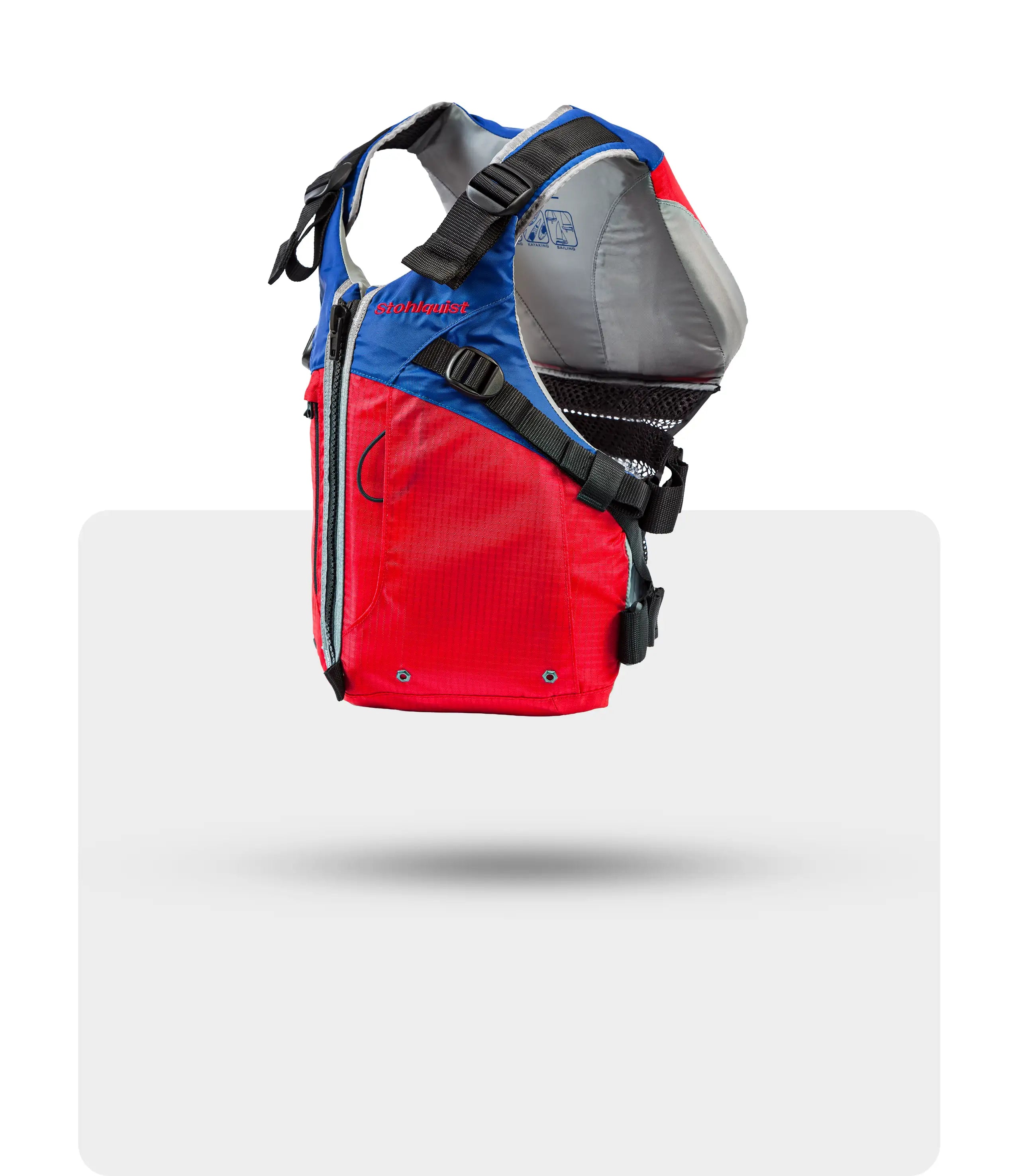 Red and blue kayaking life jacket with black adjustable straps, side view on white background