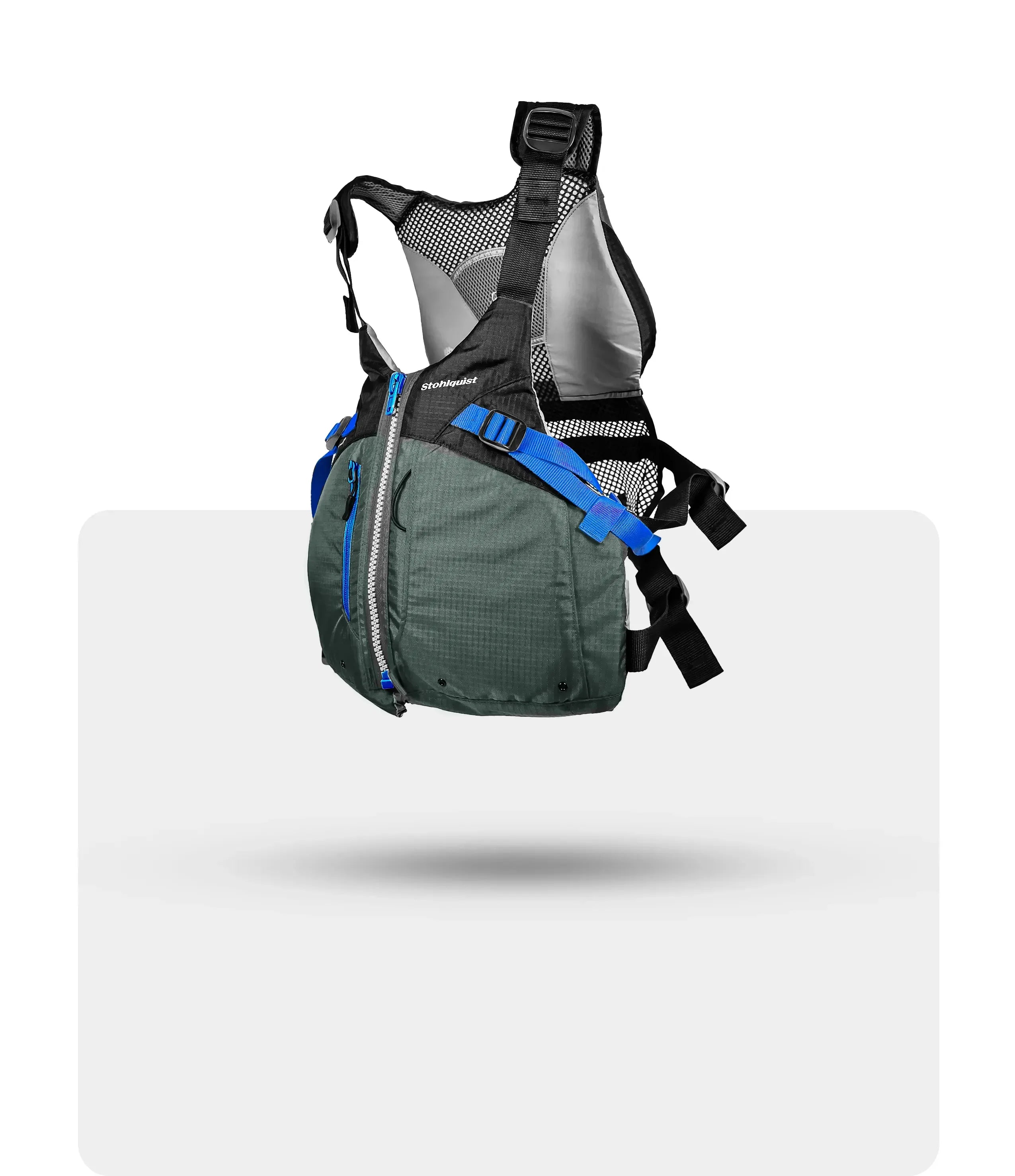 Green and black Stohlquist life vest with blue straps and mesh back isolated on white