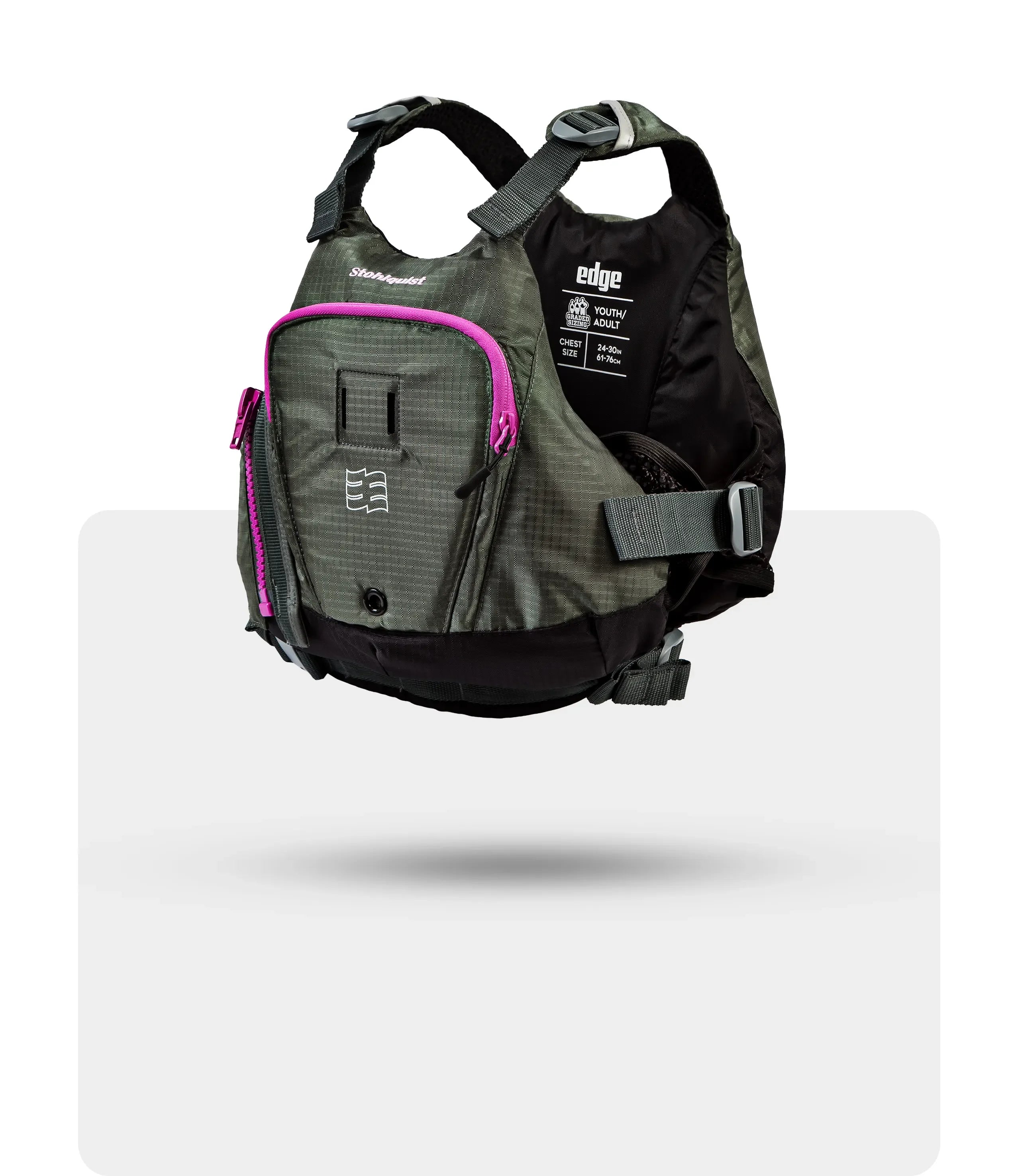 Stohlquist Edge gray life jacket with pink zipper, youth/adult adjustable size 24-30in