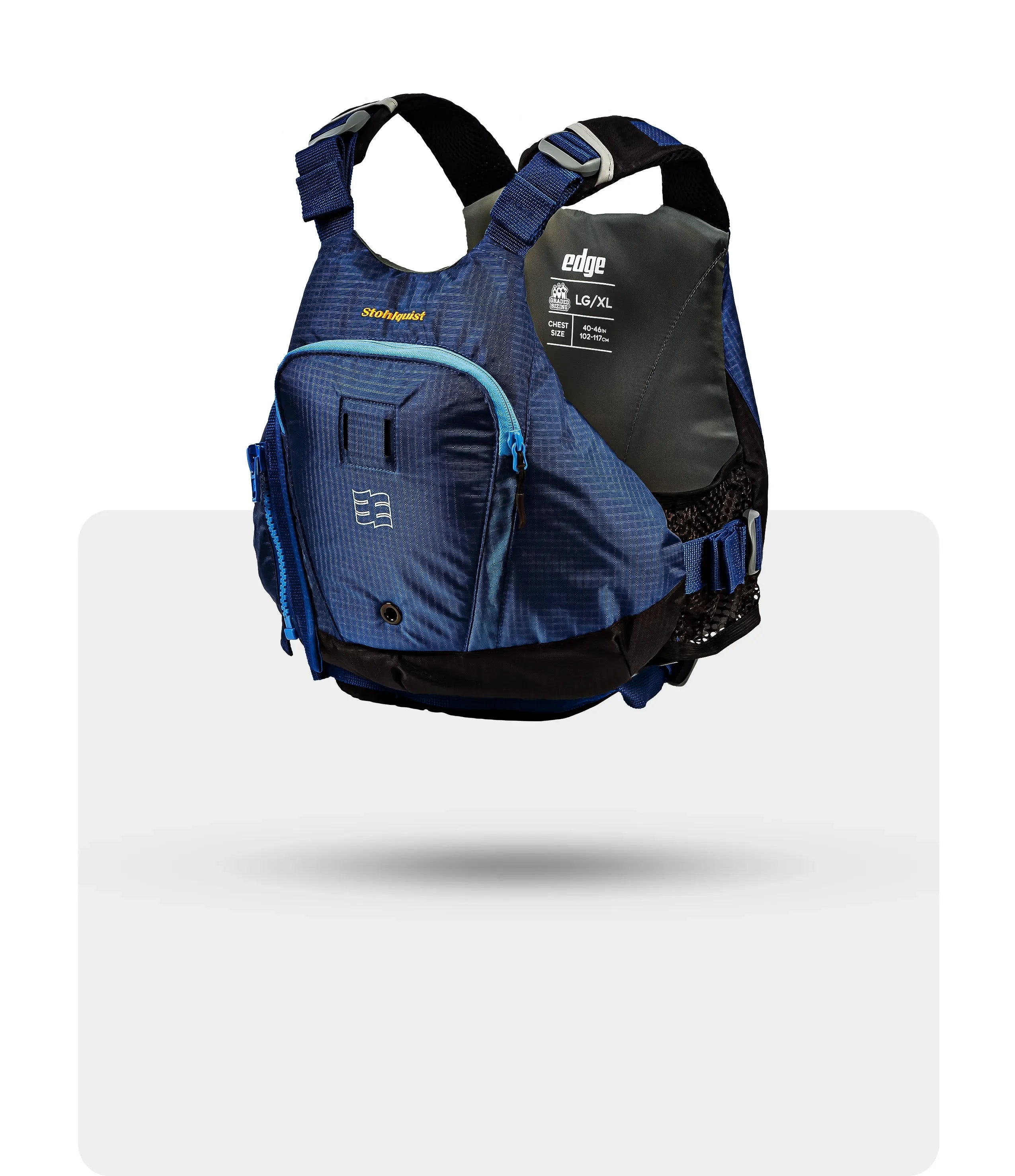 Blue Stohlquist Edge LG/XL PFD life jacket with adjustable straps and front zippered pocket