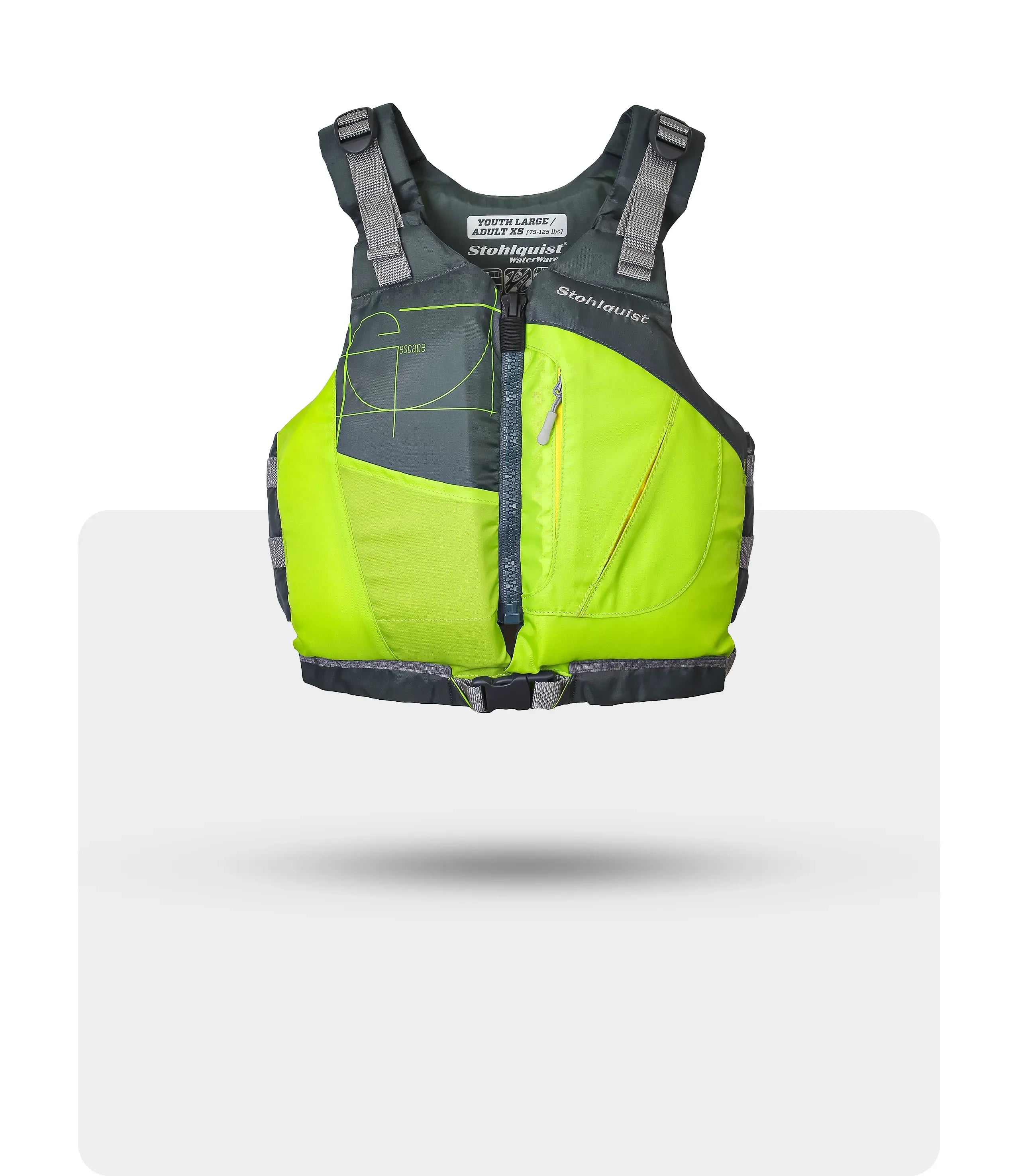 Stohlquist lime green youth large adult XS life jacket with gray shoulder straps and front zipper