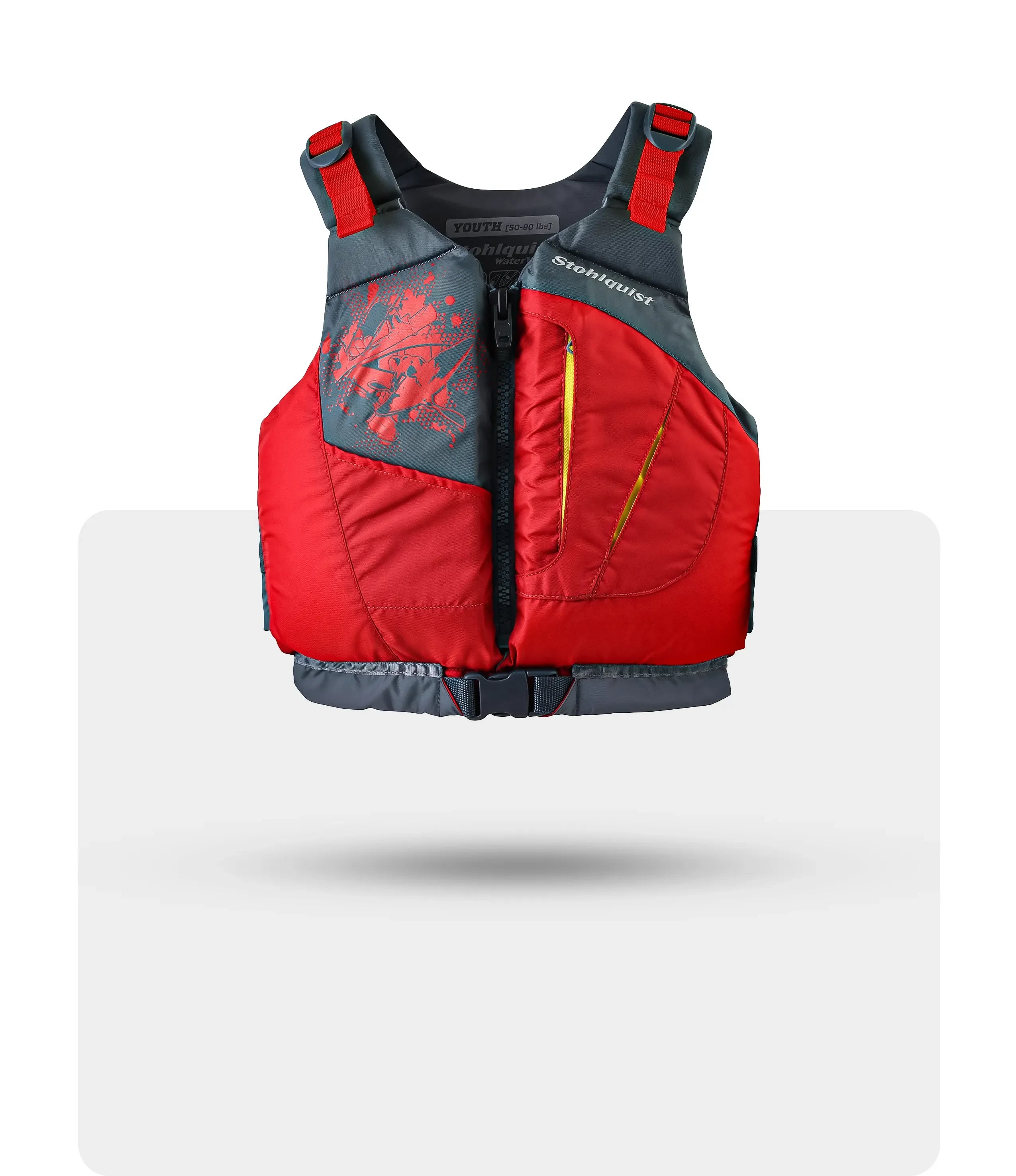 Red and gray youth life jacket with black zipper, adjustable red straps, and Stohlquist logo
