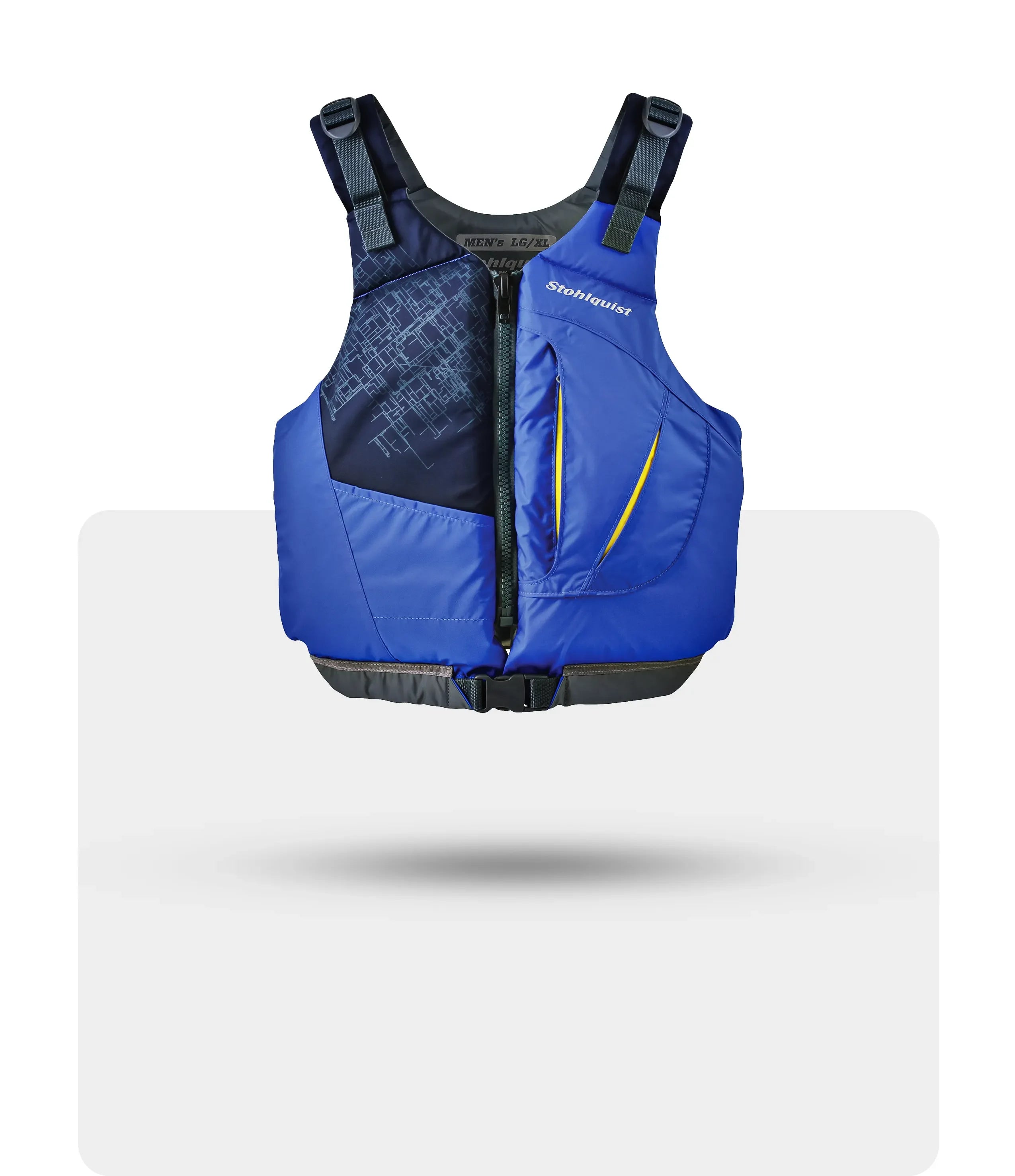 Men's blue Stohlquist Escape life jacket with front zipper and adjustable straps