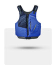 Stohlquist blue kayaking life jacket with black straps and geometric pattern, front view