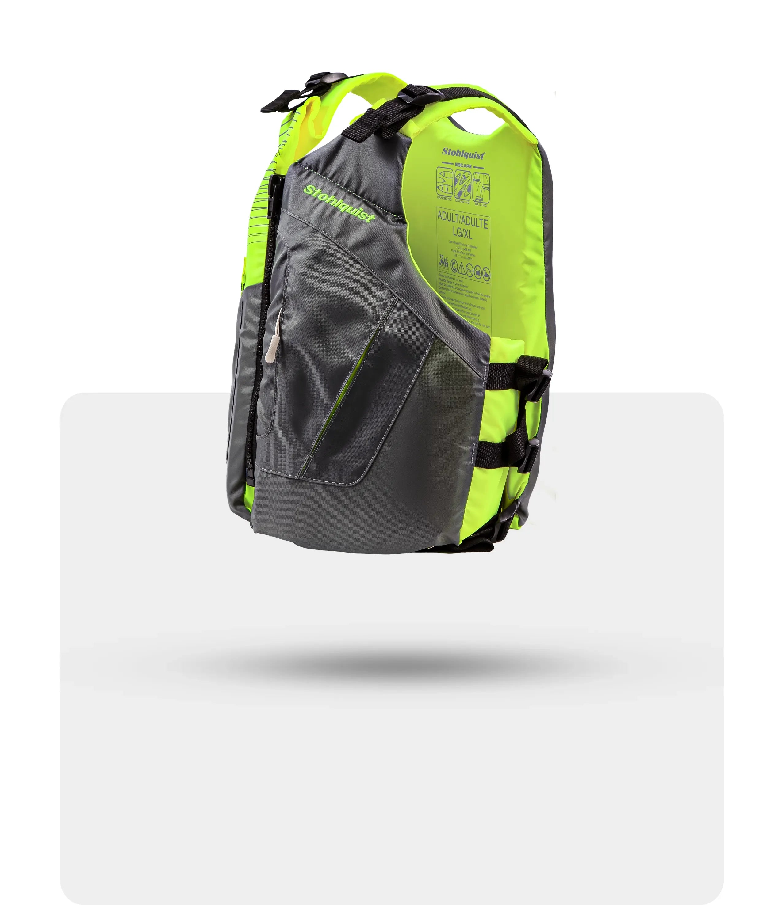 Stohlquist Escape adult large XL gray and neon yellow life jacket with adjustable straps