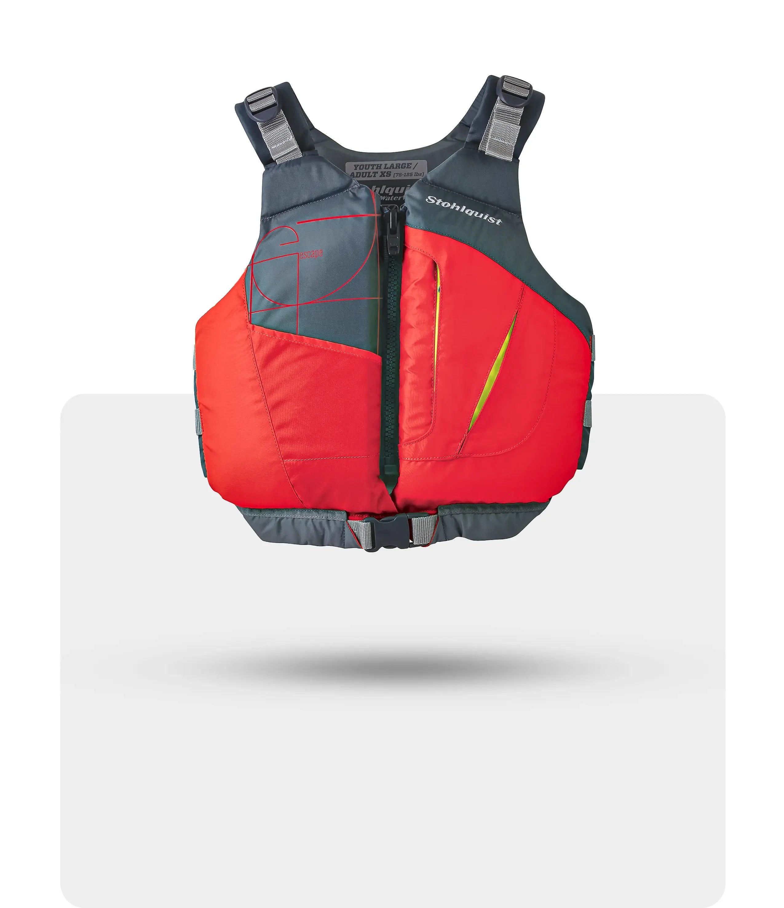 Red and gray Stohlquist Escape youth and adult life jacket with front zipper and adjustable straps