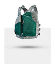 Hunter green youth paddling life jacket with adjustable straps and front zipper, side view