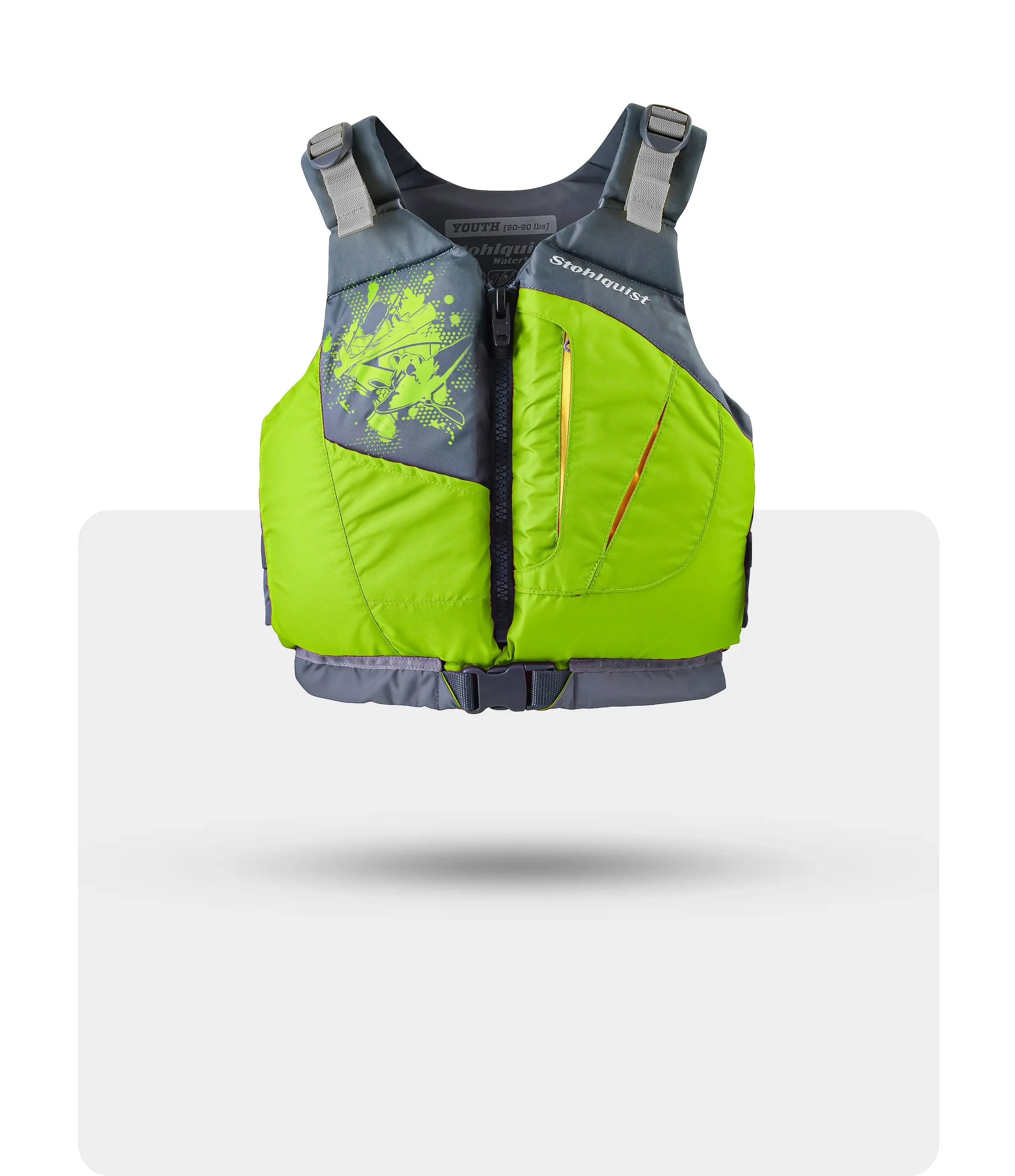 Youth lime green and gray Stohlquist life jacket with zipper and adjustable straps