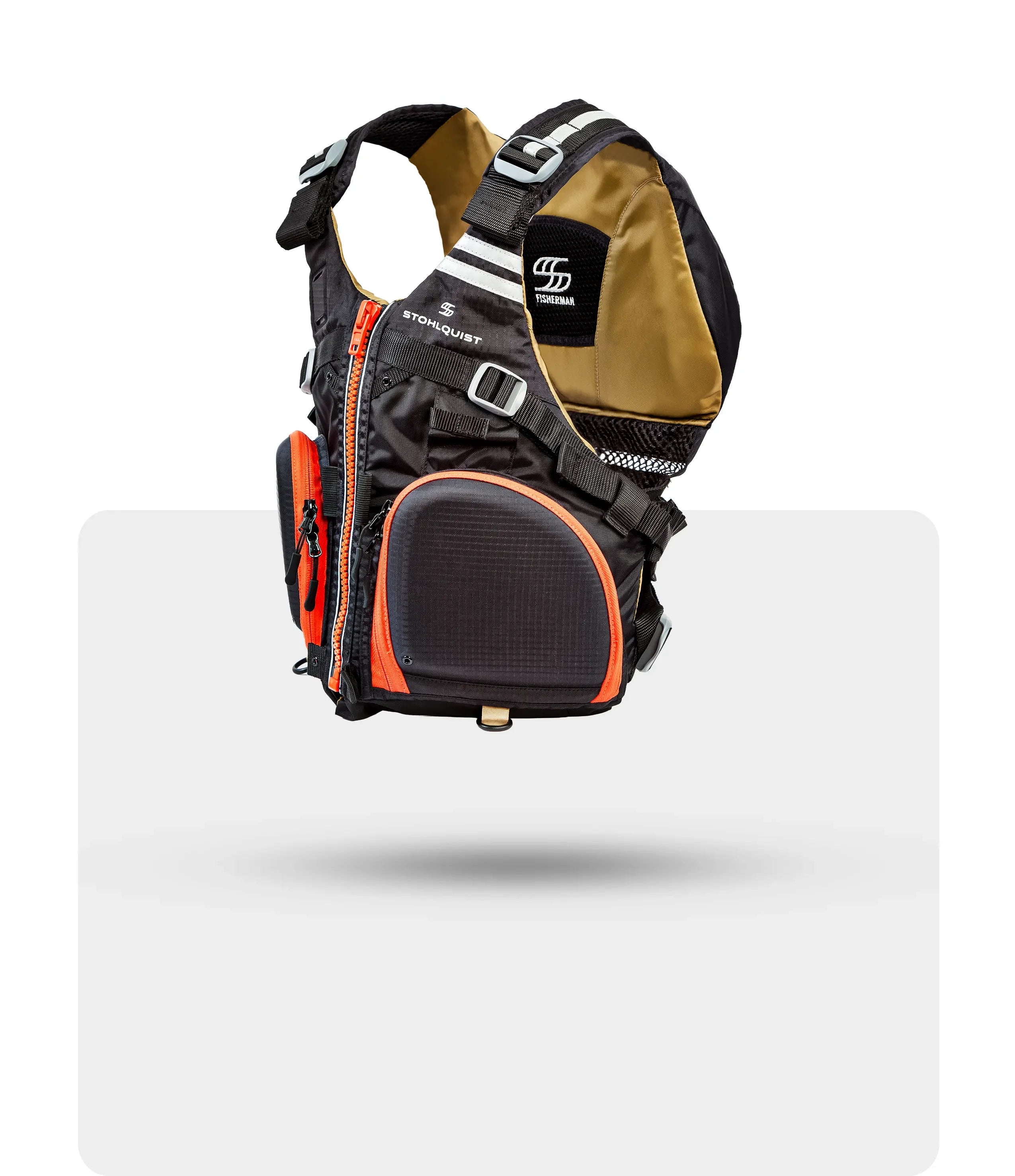 Black and orange Stohlquist Fisherman life jacket vest with multiple pockets and adjustable straps