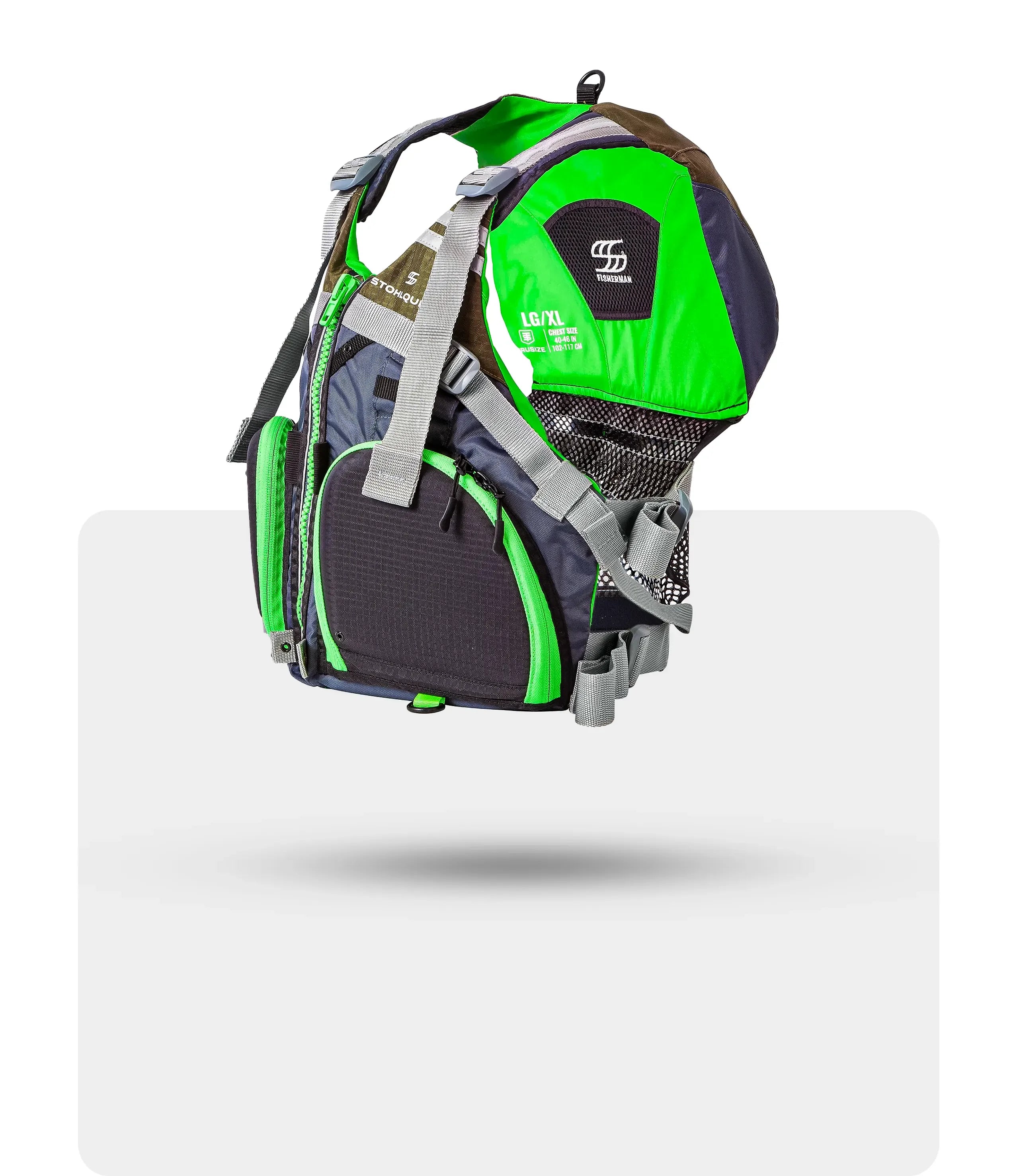 Fisherman brand green and black fishing vest with multiple straps and zippered pockets