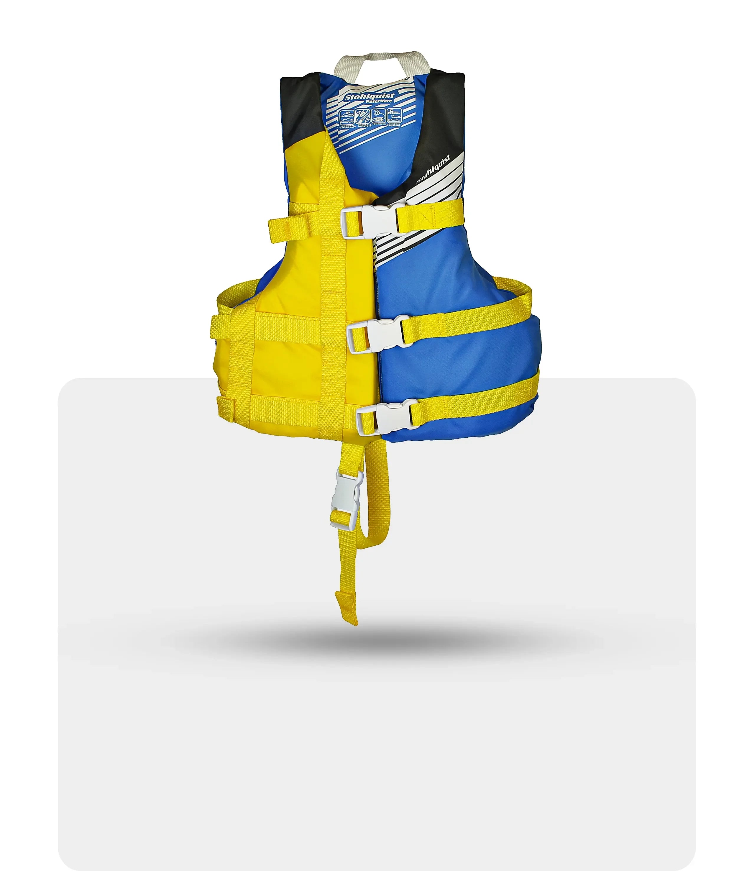Blue and yellow child life jacket with adjustable yellow straps and white buckles