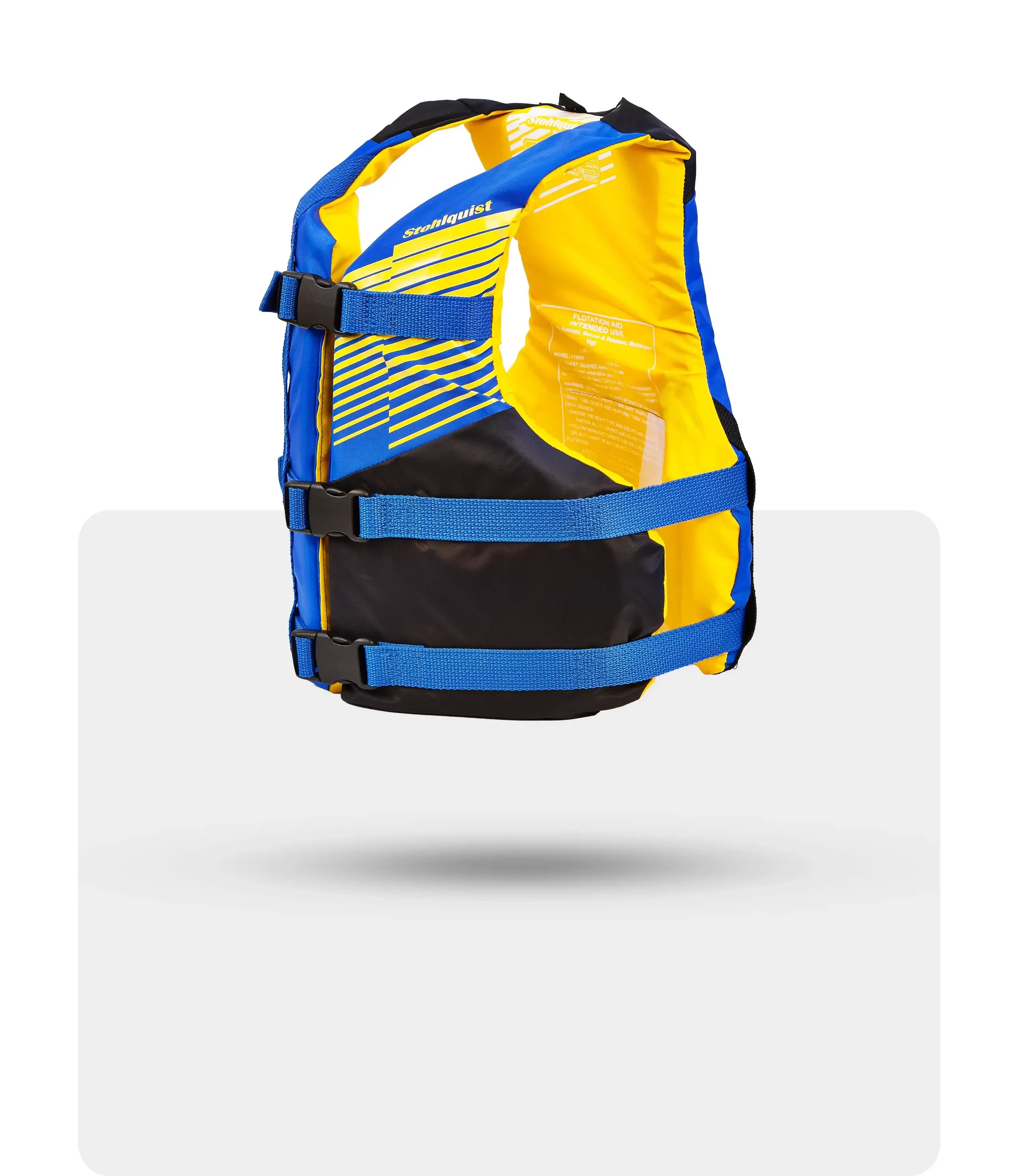 Blue and yellow Stohlquist flotation aid life jacket with adjustable straps