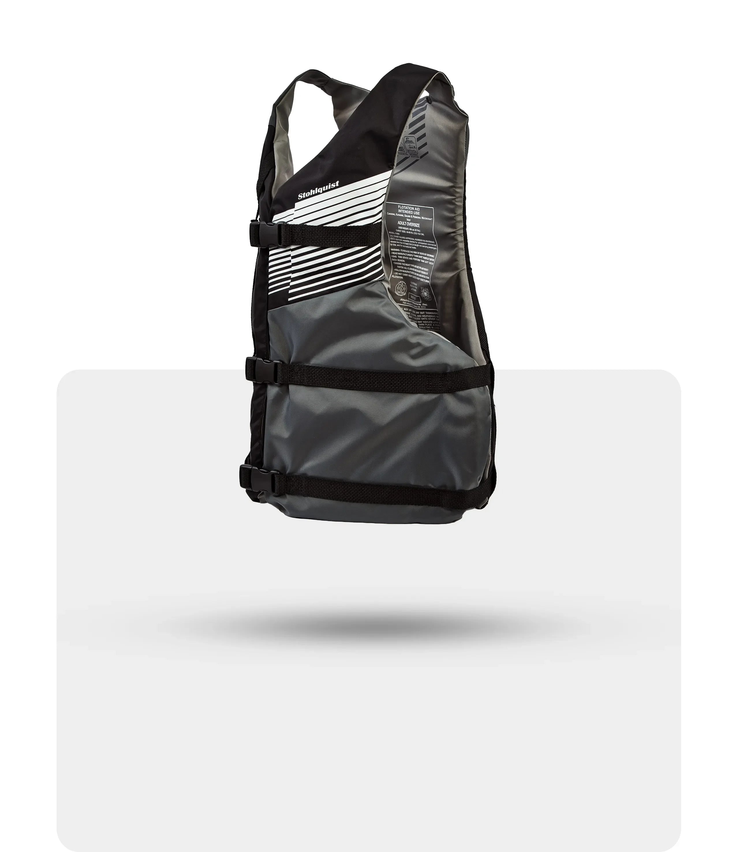 Black and gray Stohlquist flotation aid life jacket with adjustable straps and white stripe design
