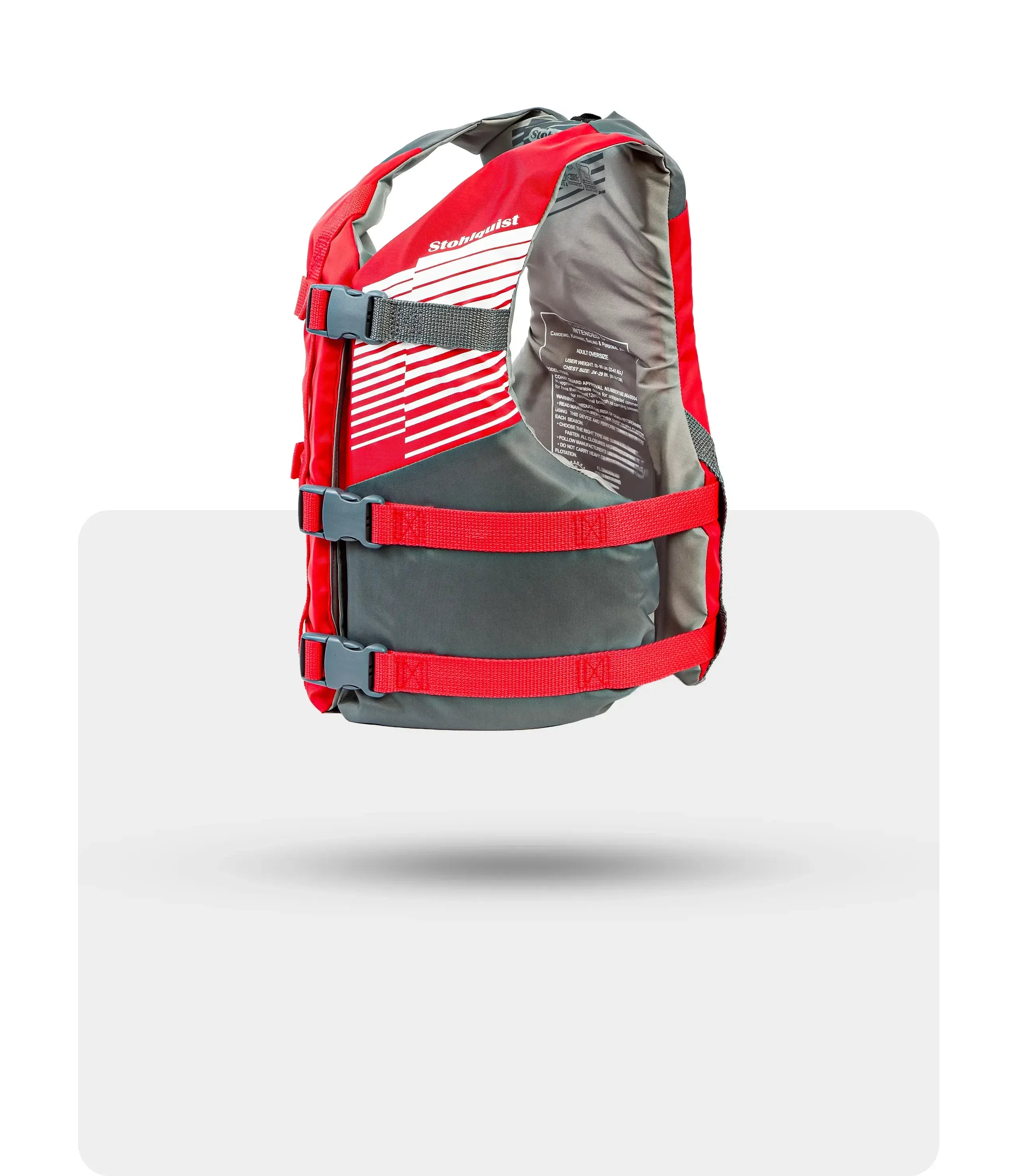 Red and gray Stohlquist life jacket with adjustable straps and white stripe design