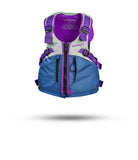 Purple and blue kayaking life jacket with front zipper and adjustable straps