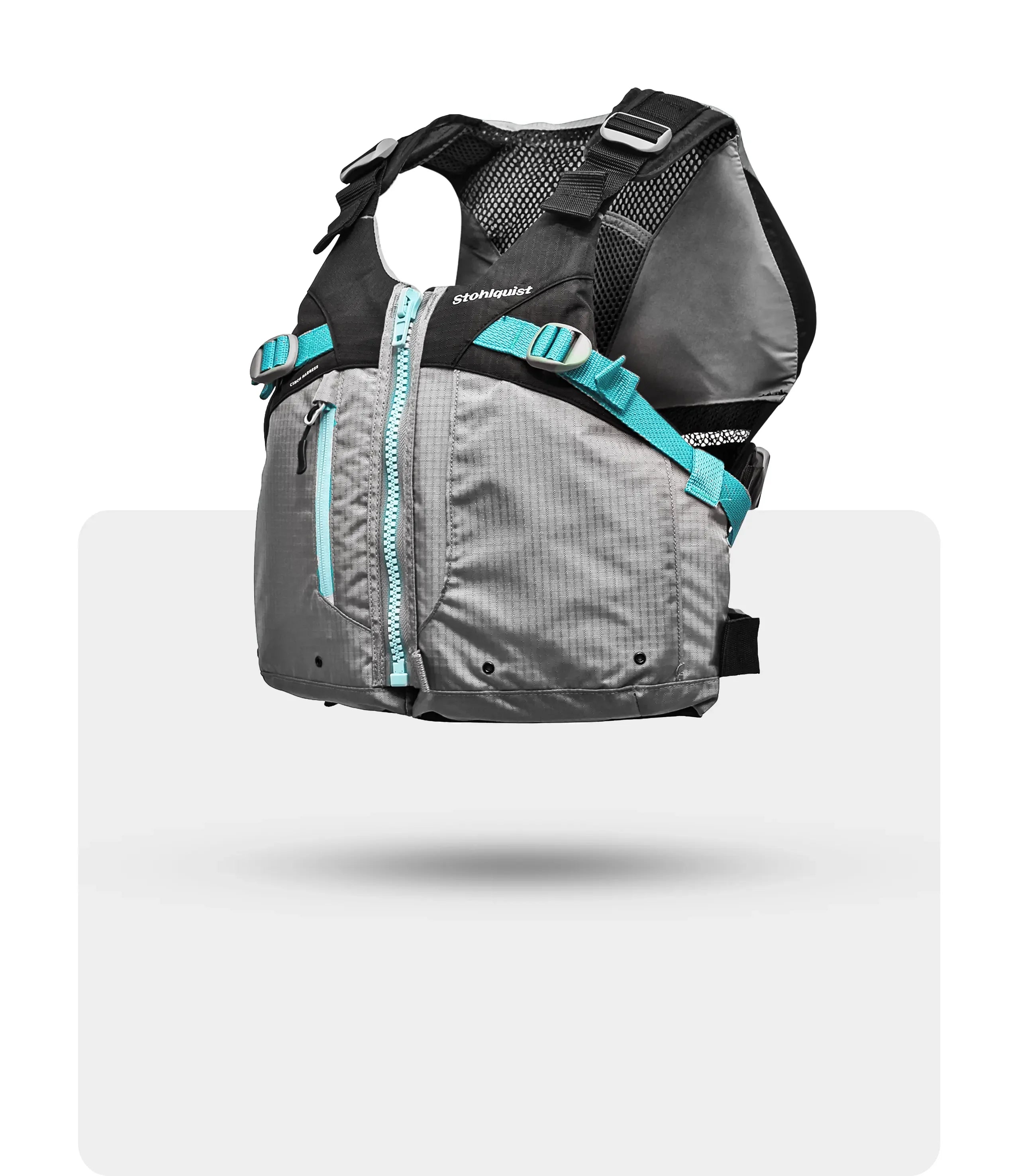 Gray Stohlquist life jacket with turquoise straps and zipper, black mesh shoulders, front zip closure