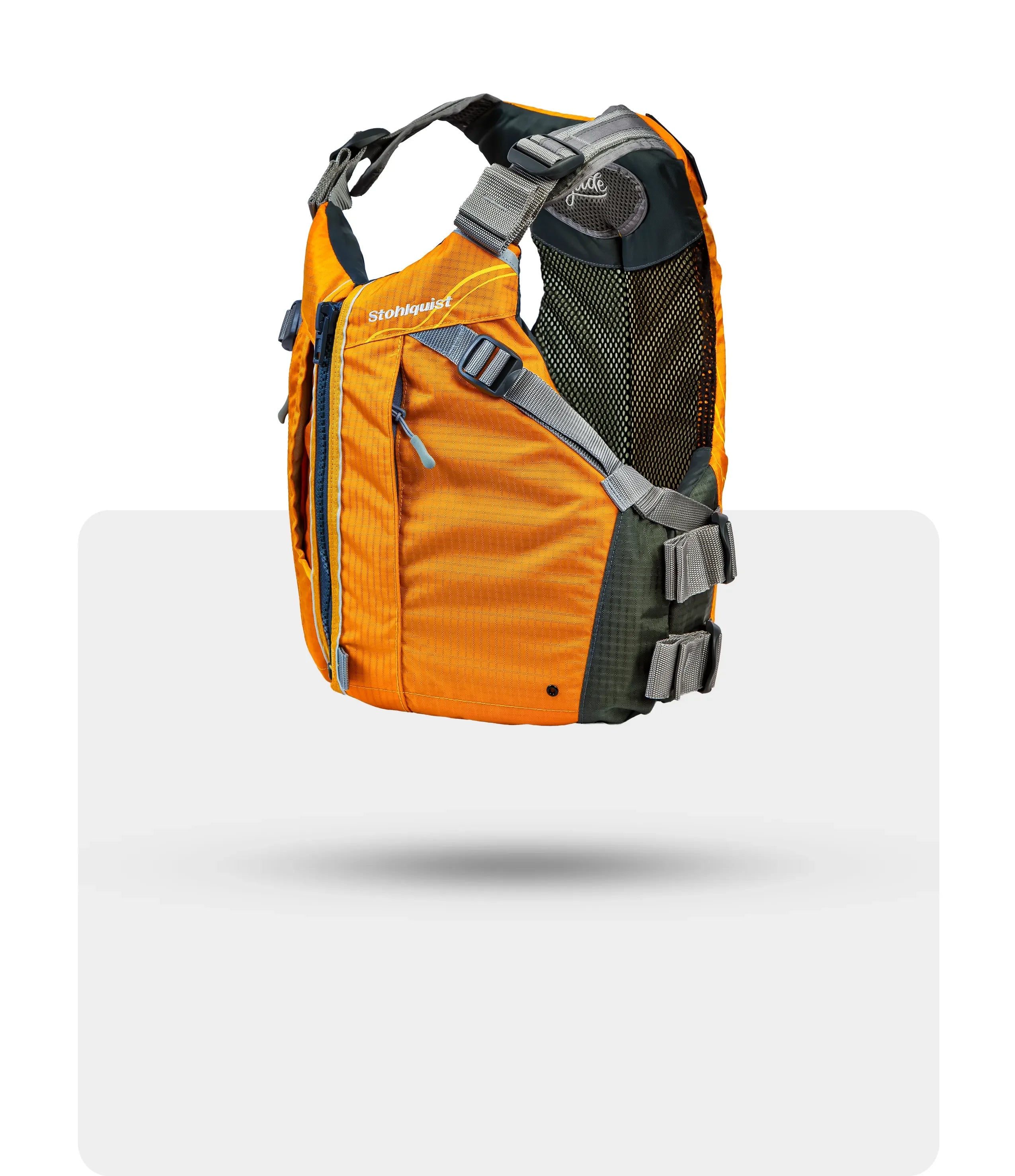 Stohlquist orange and black life jacket with adjustable straps and zippered pockets