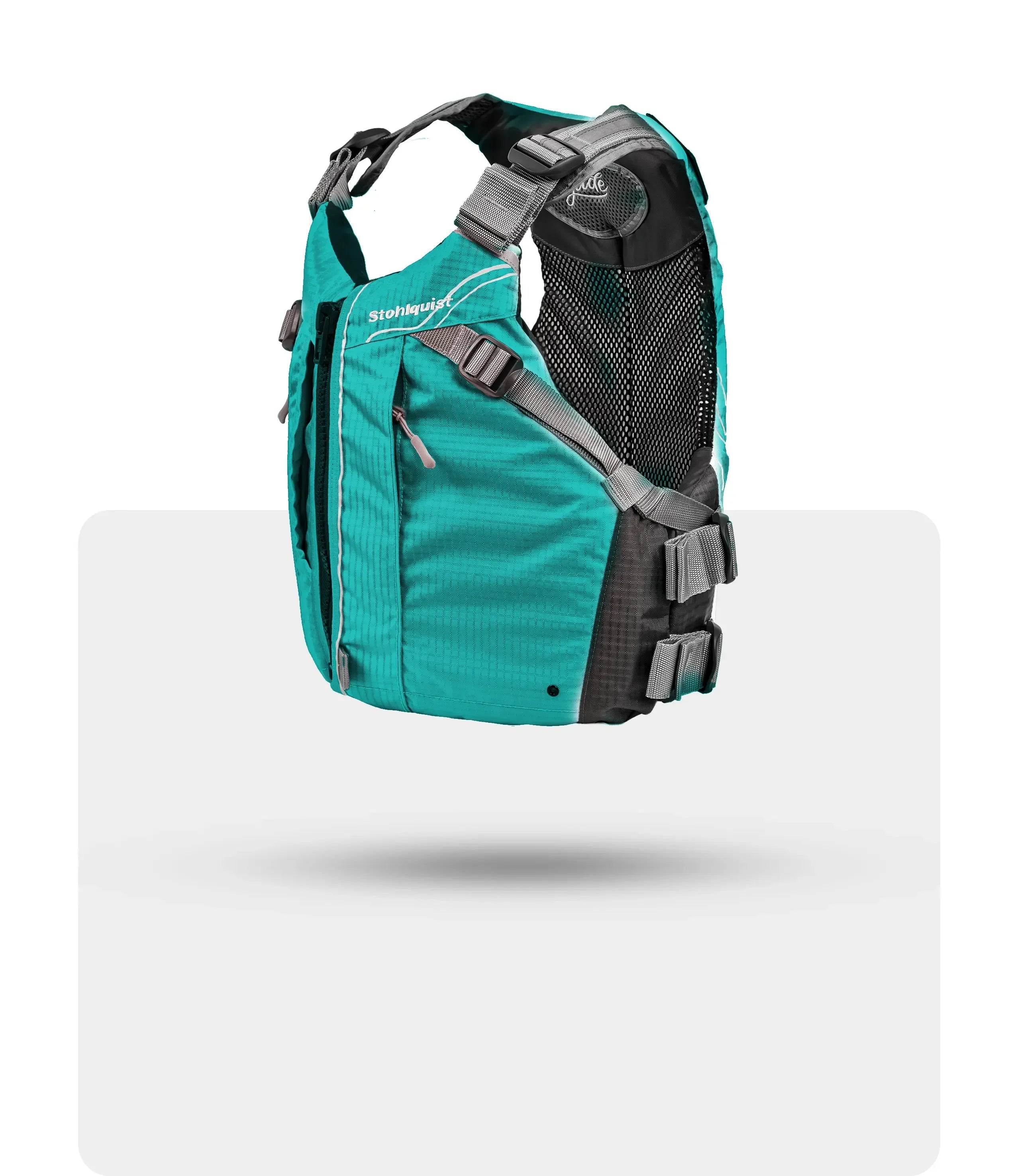 Turquoise Stohlquist life jacket with adjustable straps and mesh back panel