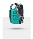 Stohlquist turquoise kayak life jacket with adjustable straps and mesh back, side view
